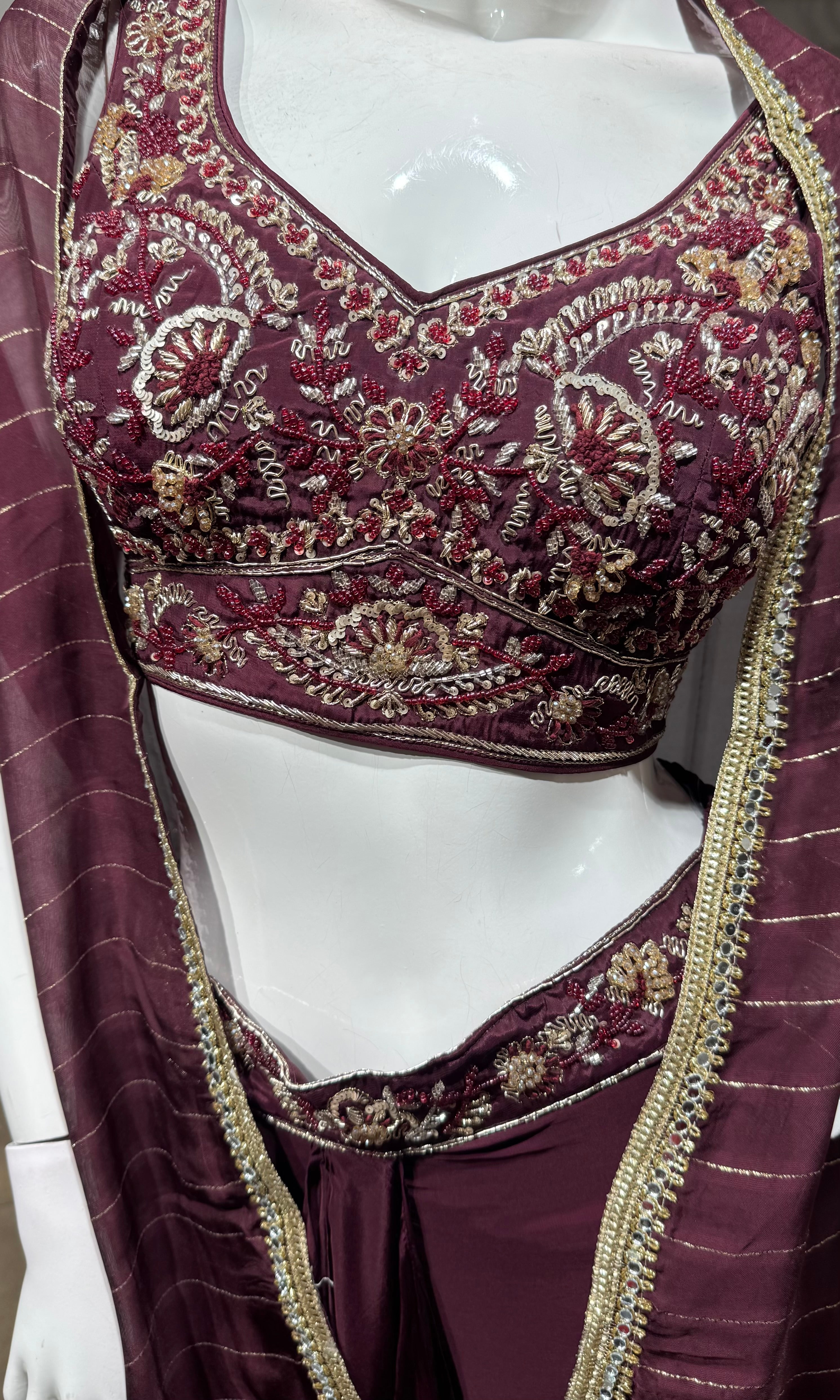 WINE SILK DRAPE SKIRT WITH CAPE AND CROP TOP