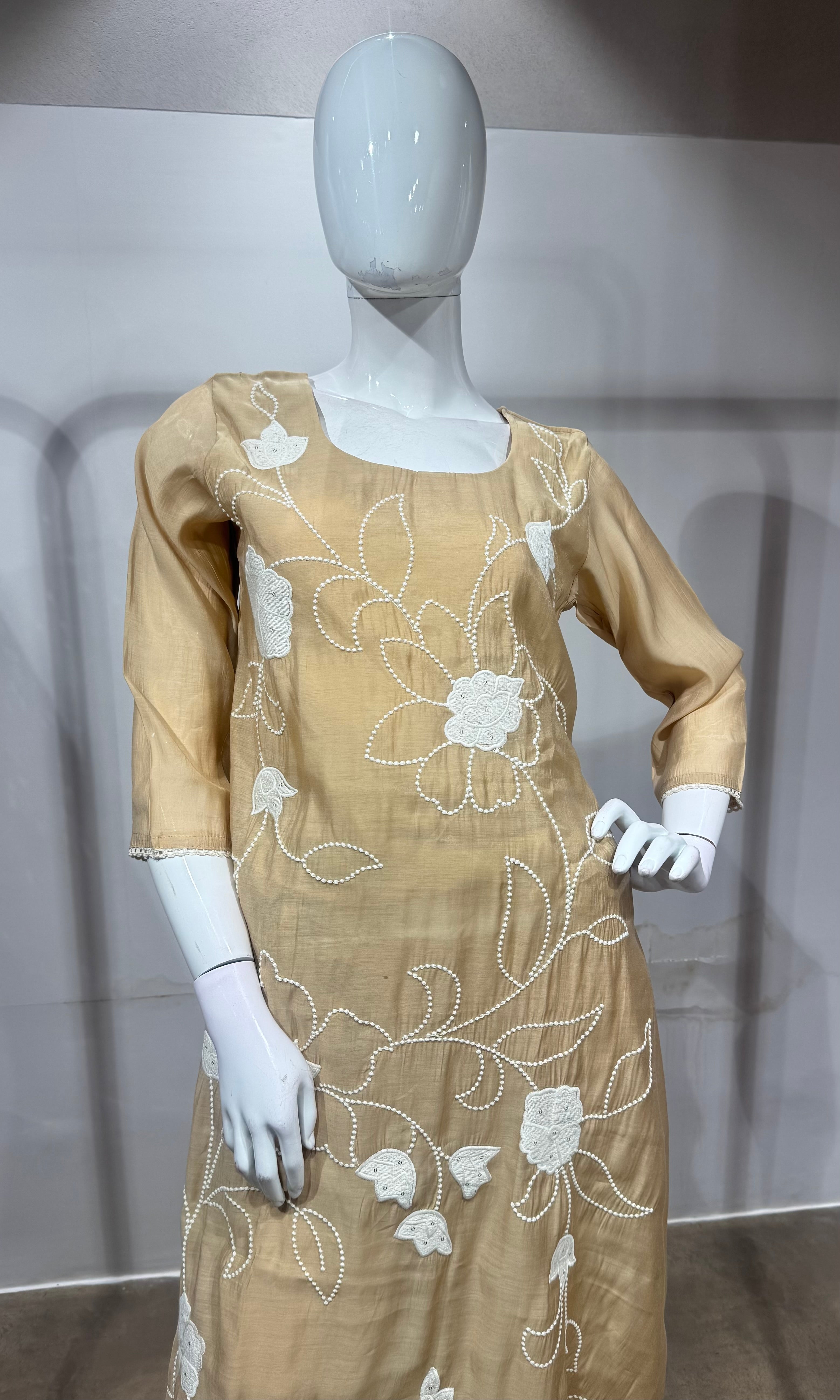 Beige Floral Thread Embroidered Kurta Set