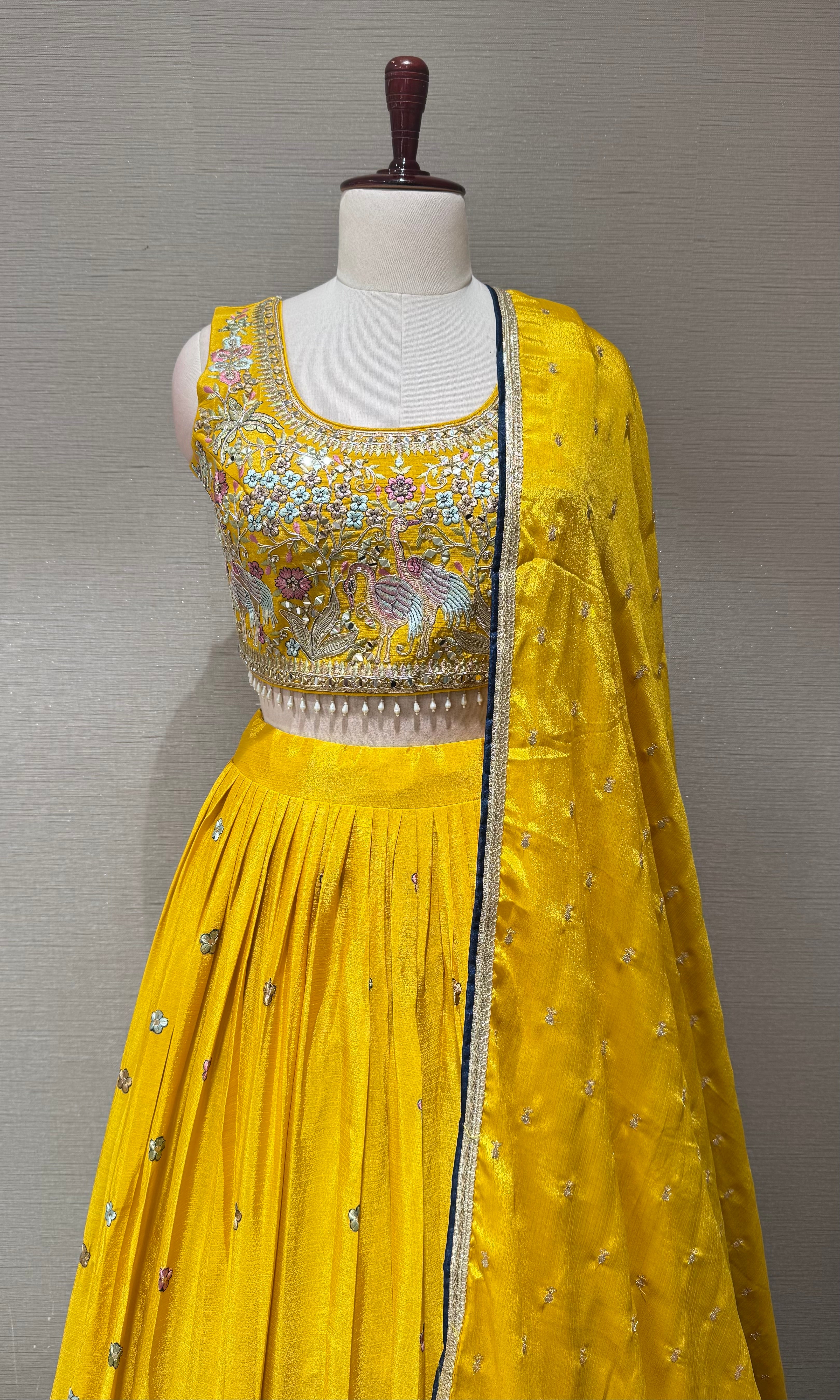 Yellow Tissue Silk Lehenga set with Floral Border