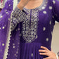 💜Purple georgette long dress with gold detailing and net dupatta💜