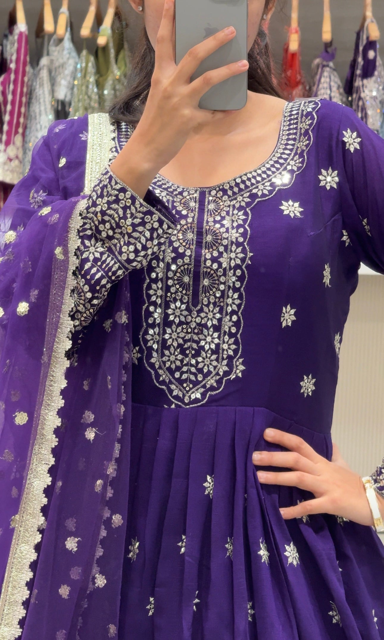 💜Purple georgette long dress with gold detailing and net dupatta💜