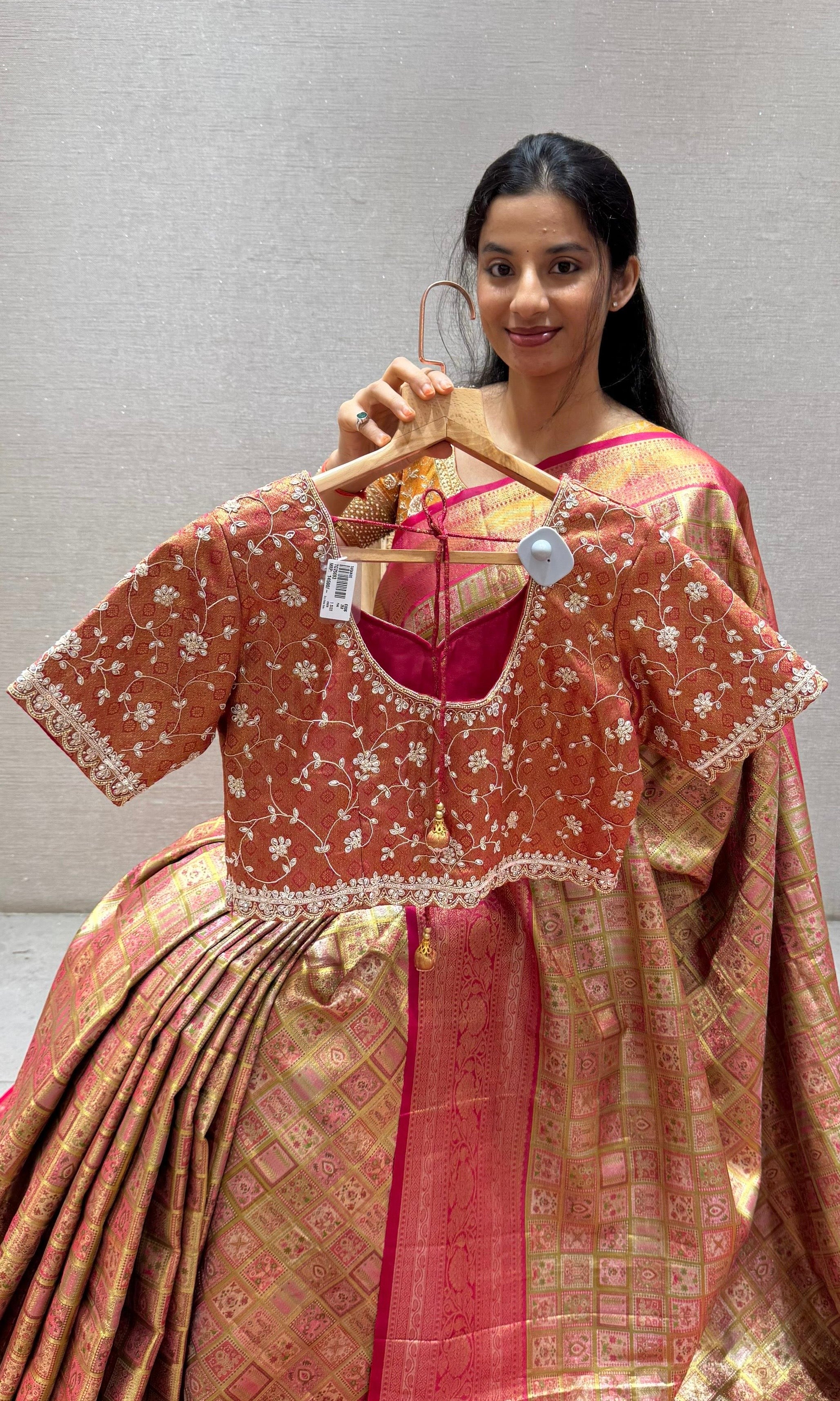Pink saree with ready blouse
