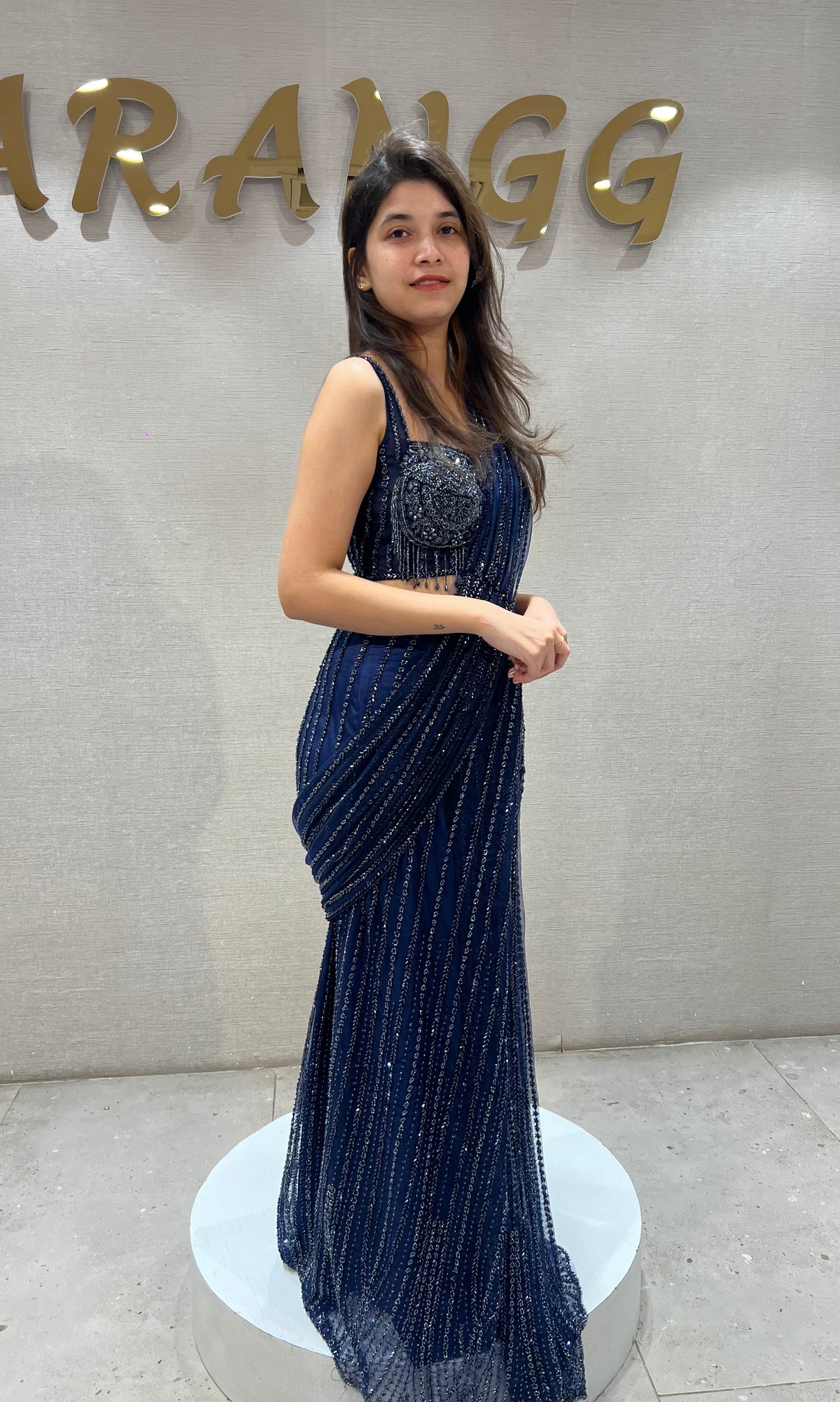 Navy Blue Embellished Saree with Corset Blouse