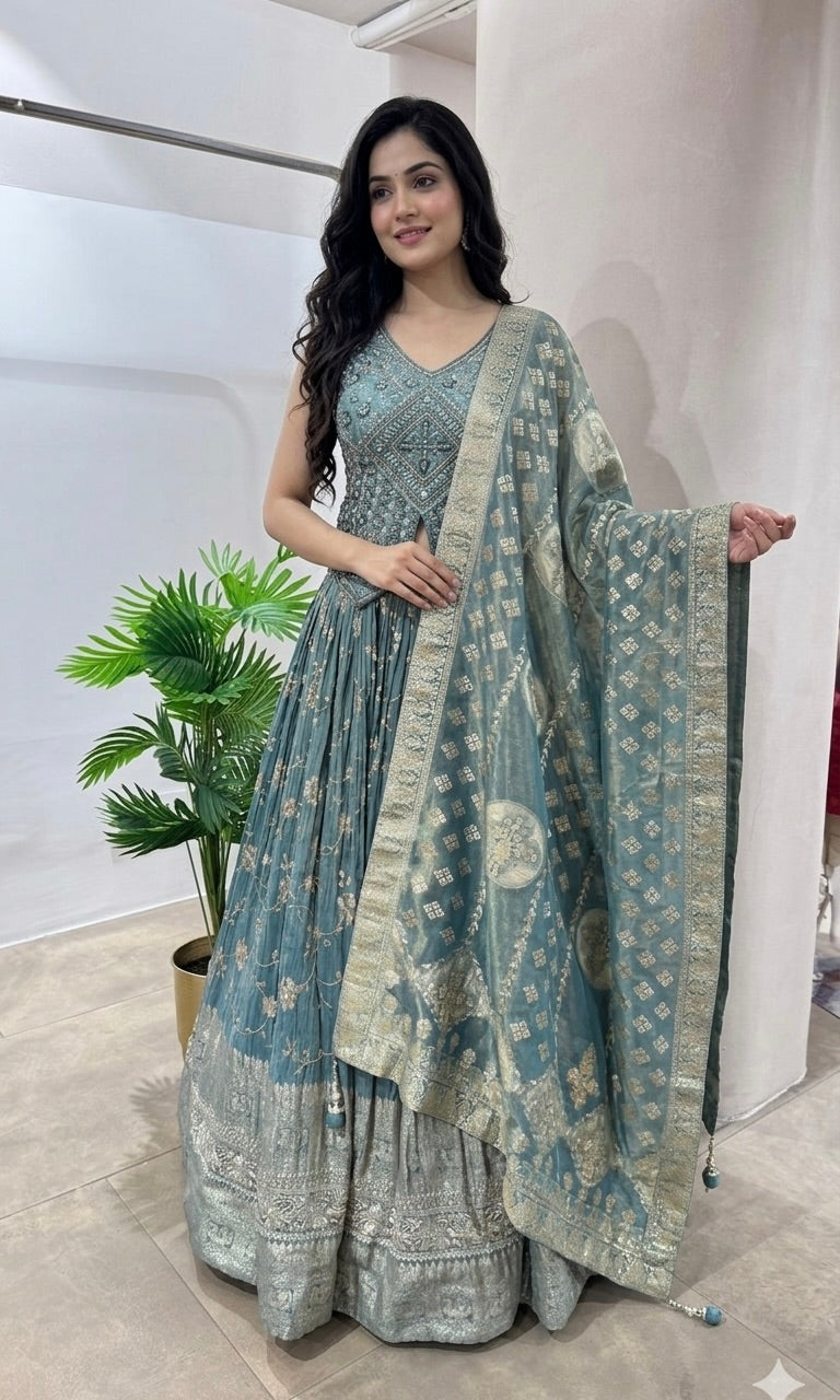 Sea Green GOLDEN EMBROIDERD LEHENGA SET