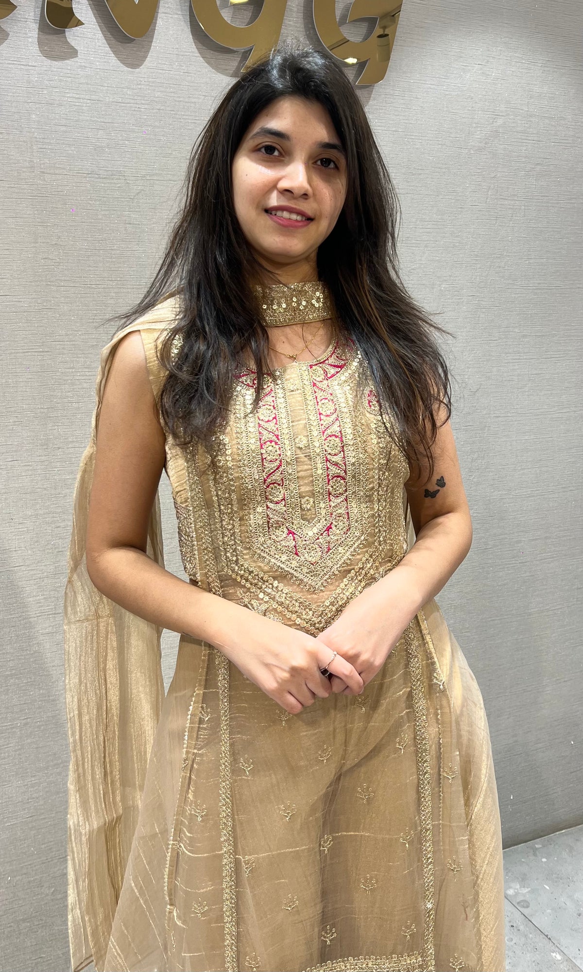 Beige tissue Embroidered Palazzo Set with Net Dupatta