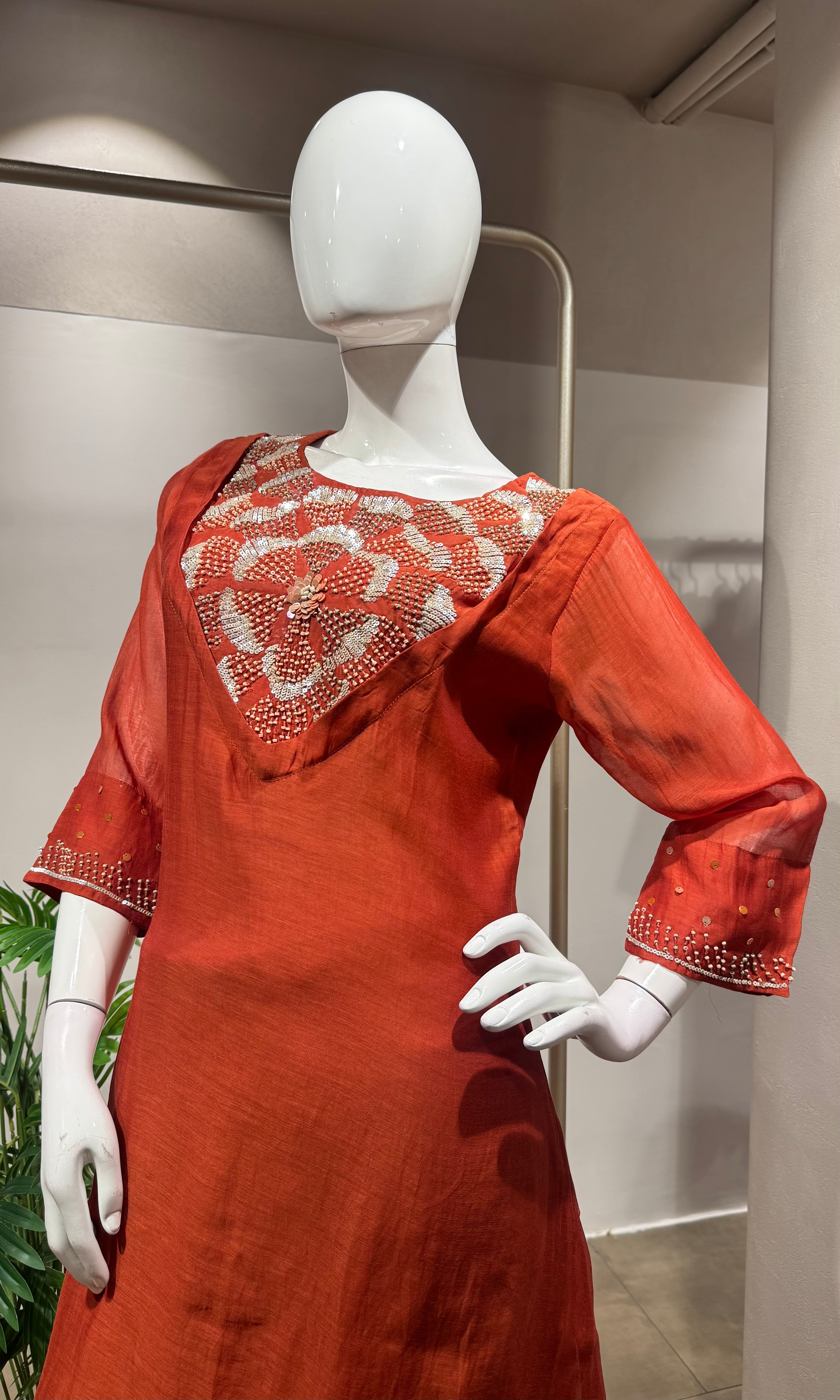 Rust Orange Mul Chanderi Kurta Set
