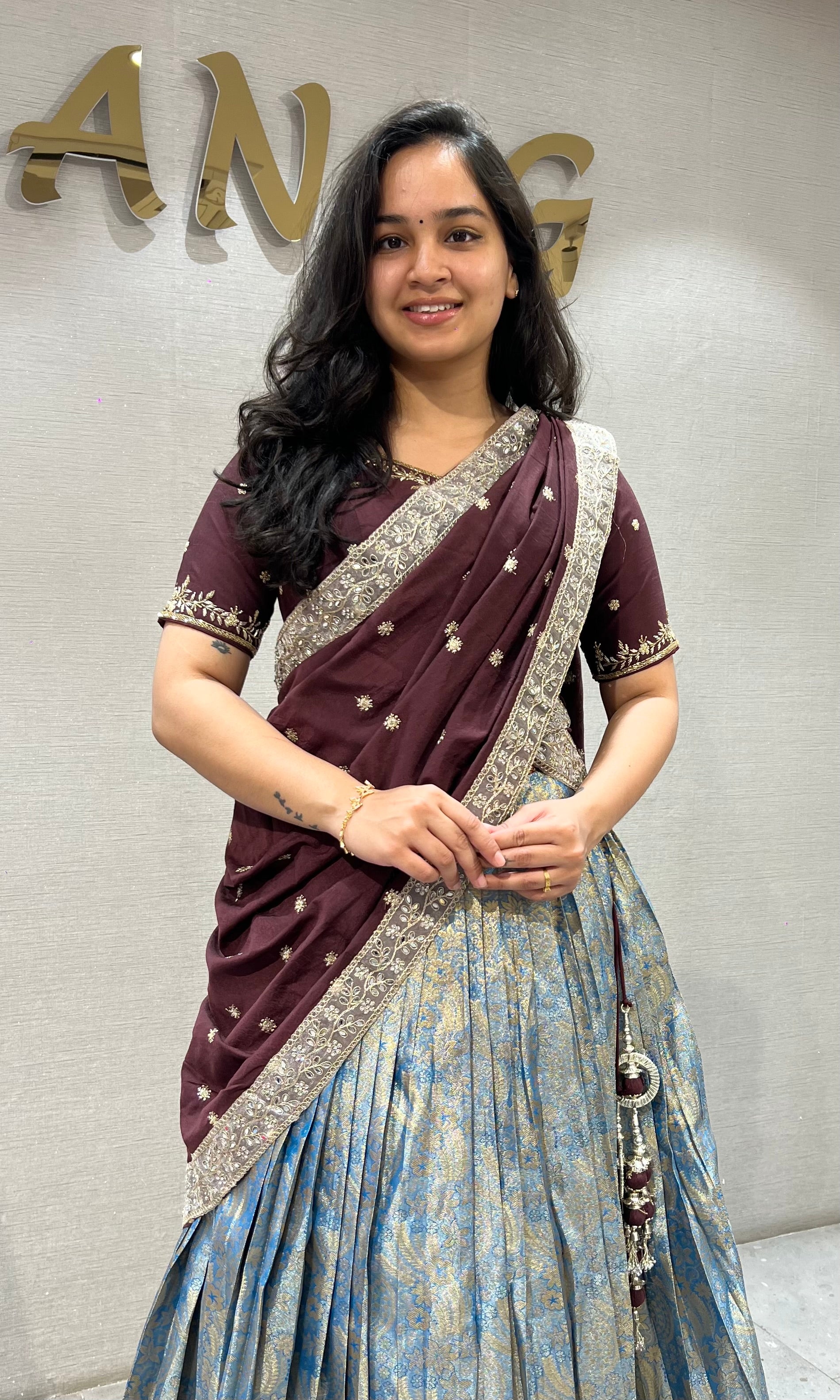 Brown BLUE BANARASI PATTU LEHENGA WITH EMBROIDERED BLOUSE
