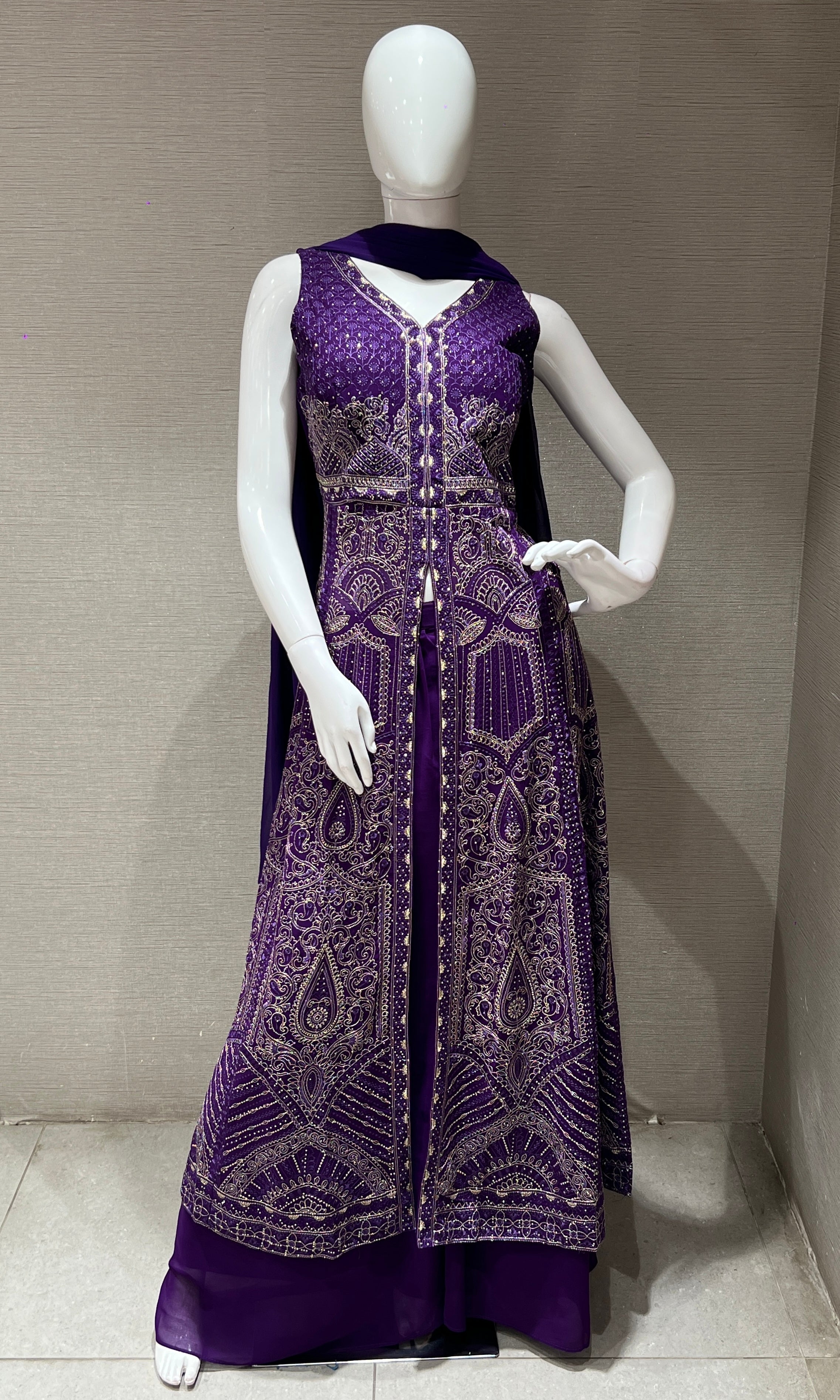 Purple front slit Anarkali with palazzo pants