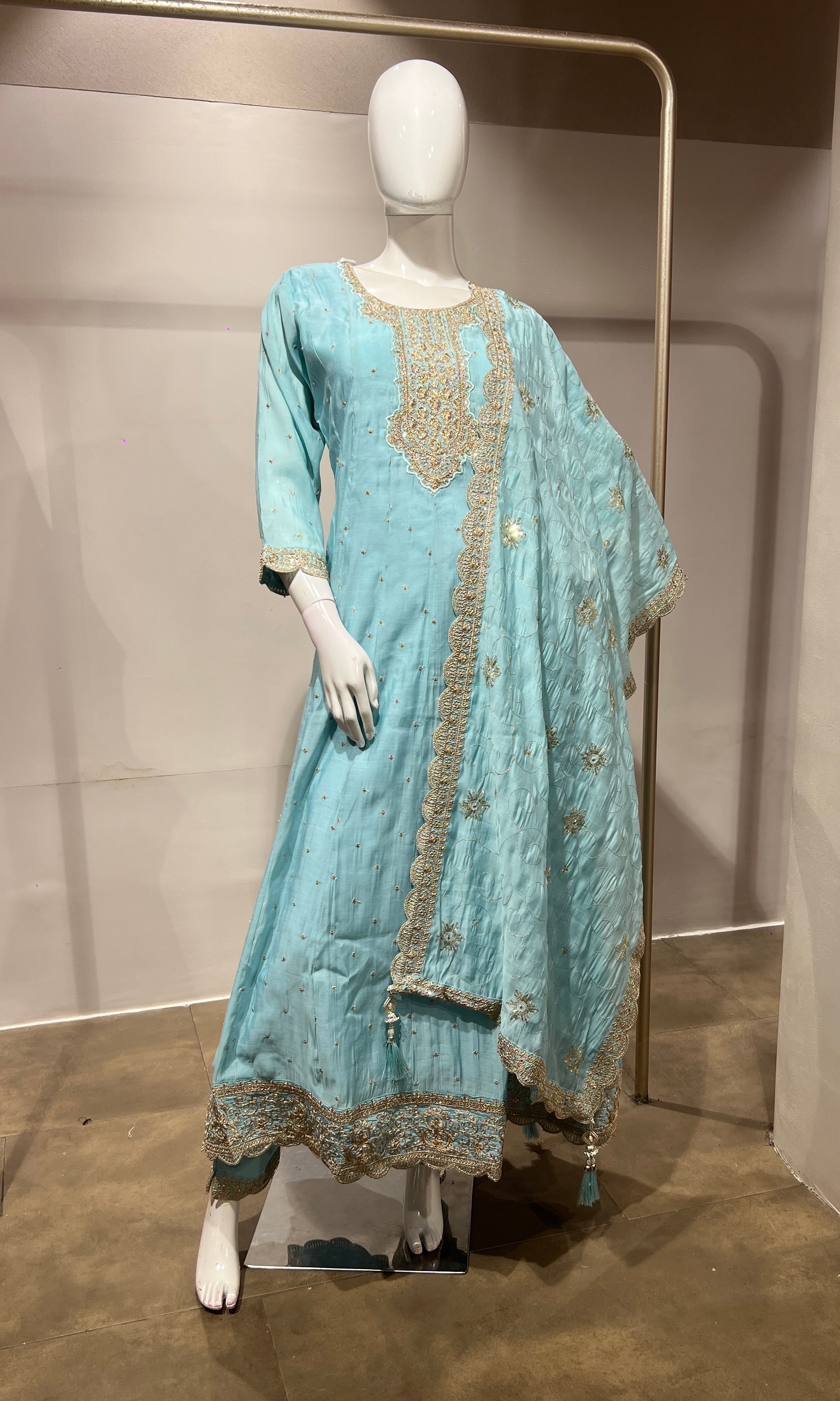 Sky Blue Embroidered Anarkali Suit Set