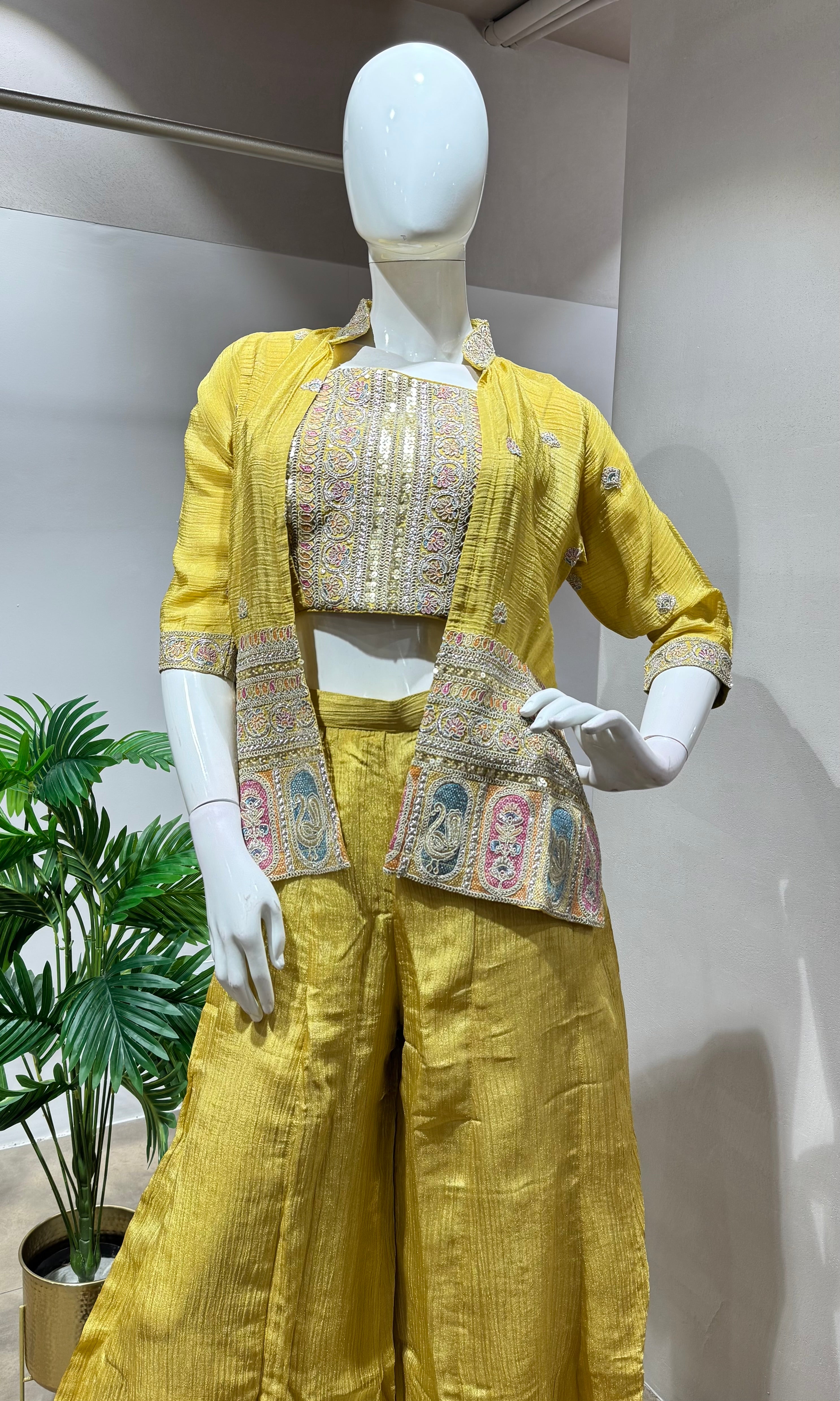 Yellow palazzo with crop top and jacket