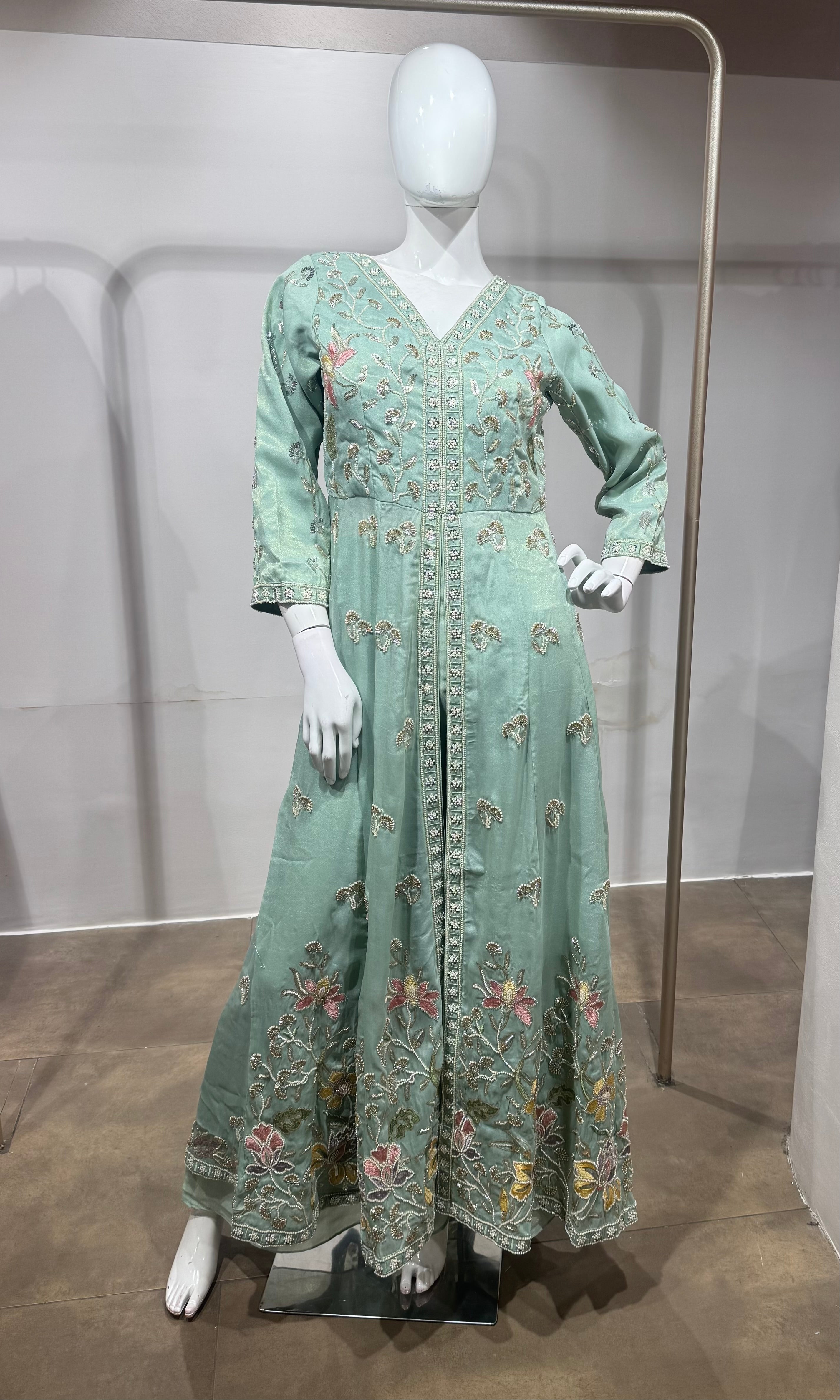 Mint Green Floral Embroidered Anarkali Front slit Set
