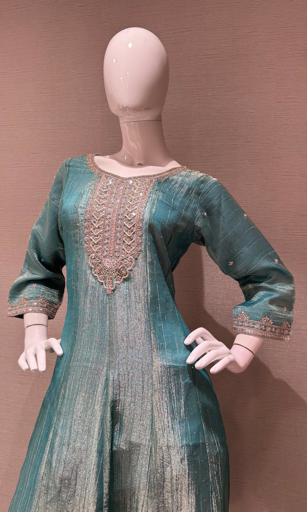 Sea Blue Shimmer Tissue Silk embroidered anarkali set with dupatta