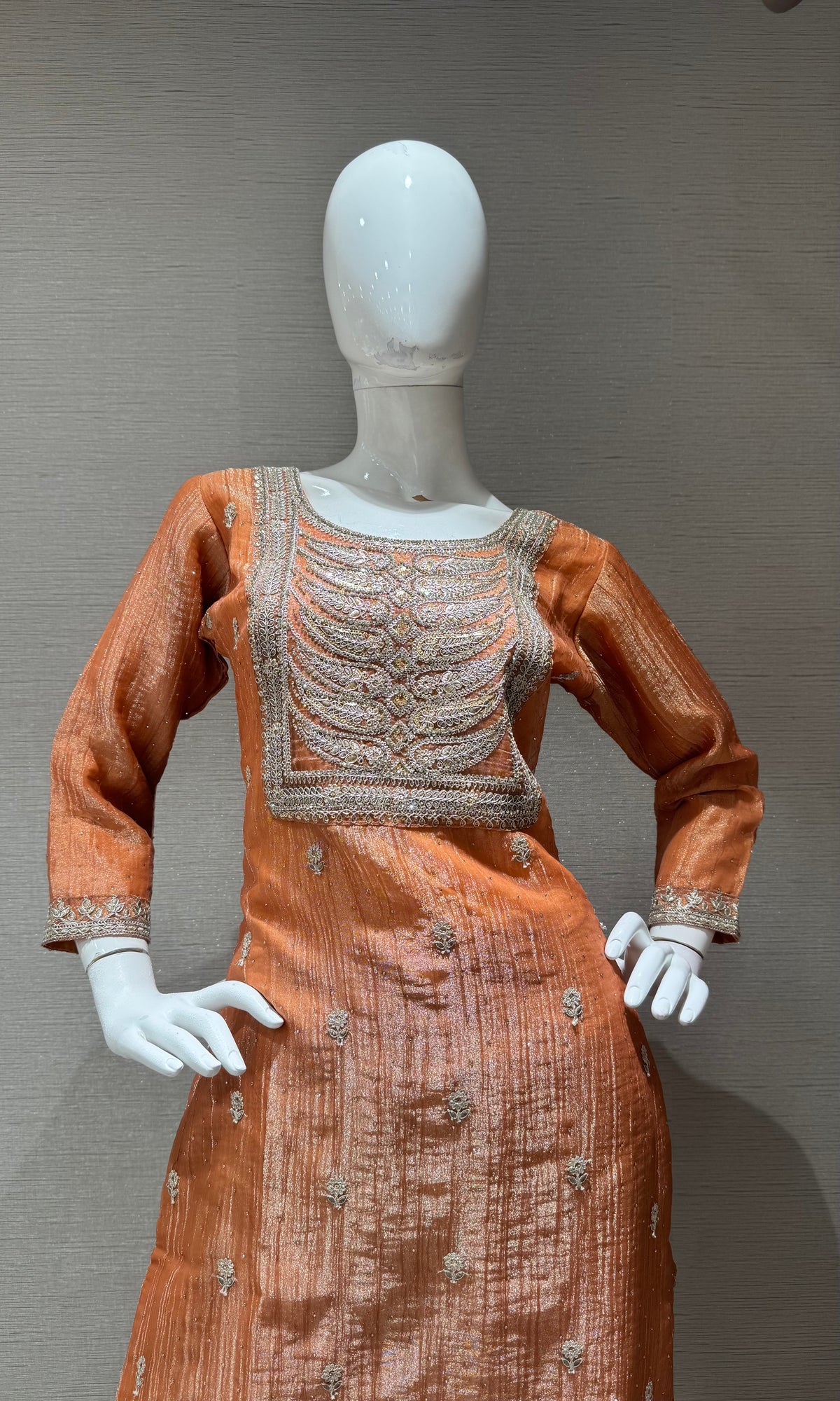 Peach Shimmer Embroidered Kurta Set with Sheer Dupatta