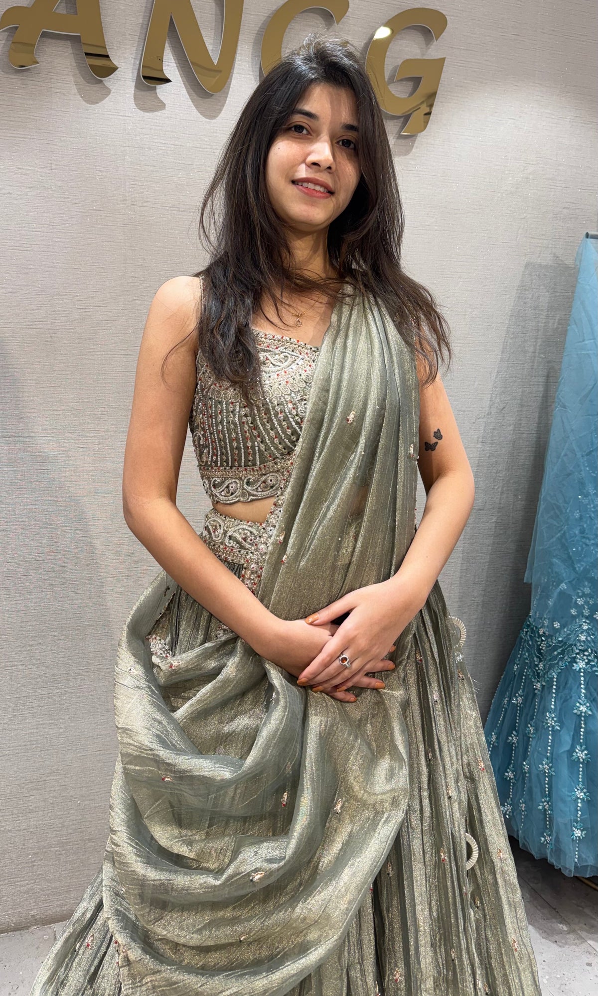 Sage green Georgette Zari Embroidered Blouse with Lehenga Dupatta Set