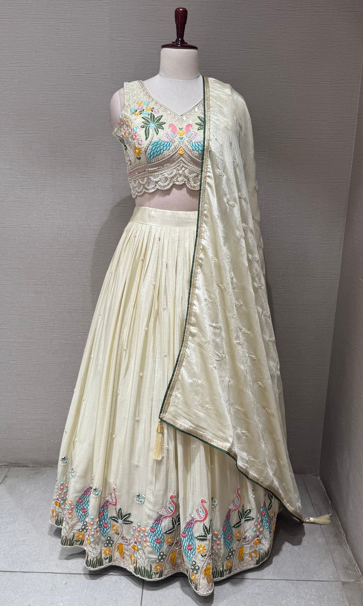Cream Tissue silk Lehenga with Peacock & Floral Embroidery