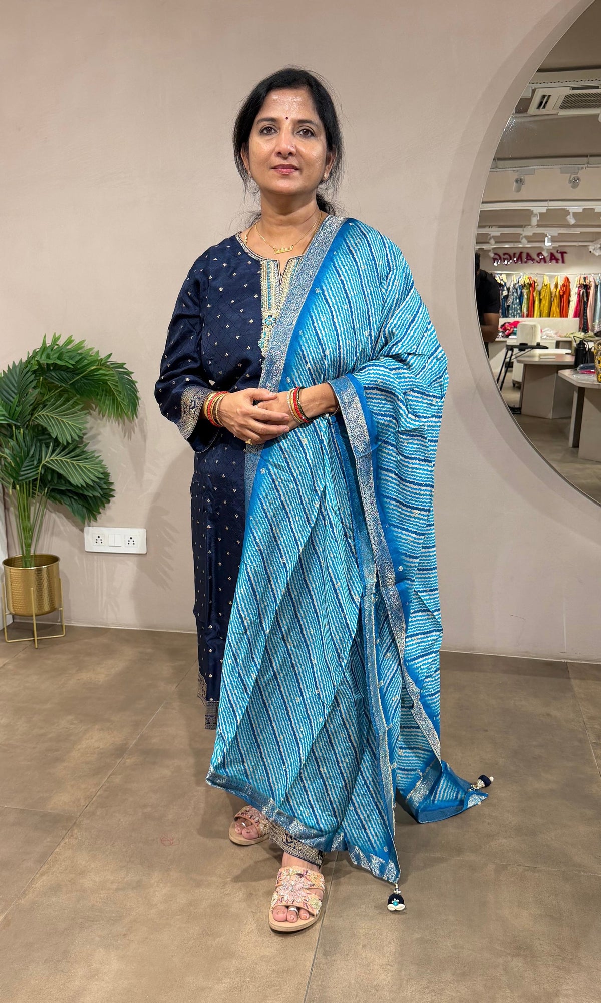 ROYAL BLUE RAYON SILK KURTA SET WITH STRIPED DUPATTA