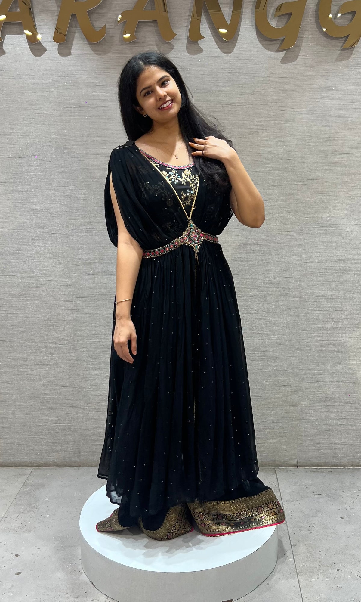 black crop top Palazzo with coat and Belt Accent