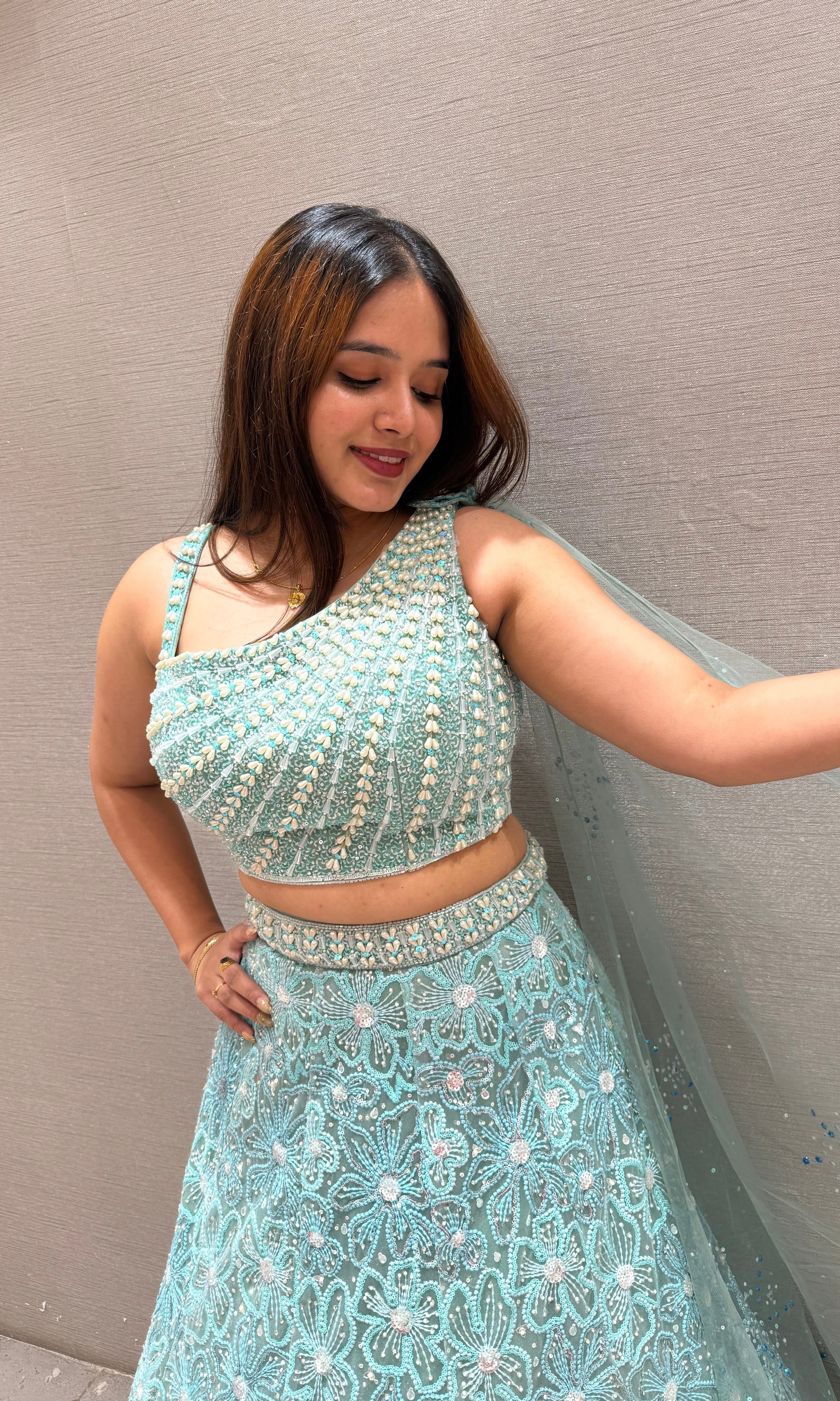 Sea blue Indo western Lehenga