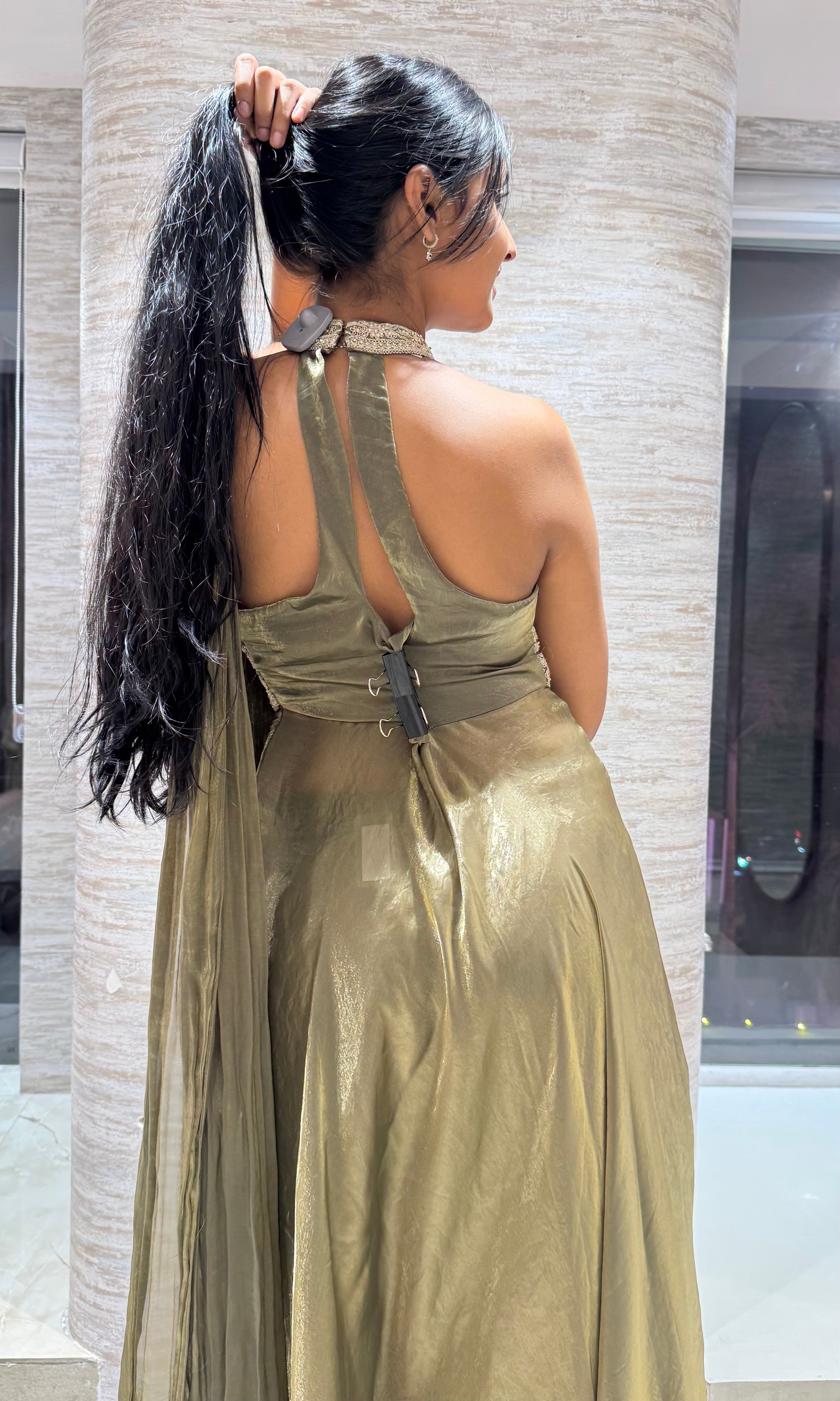 HALTER NECK ANARKALI SLIT TOP WITH FLARED PANTS