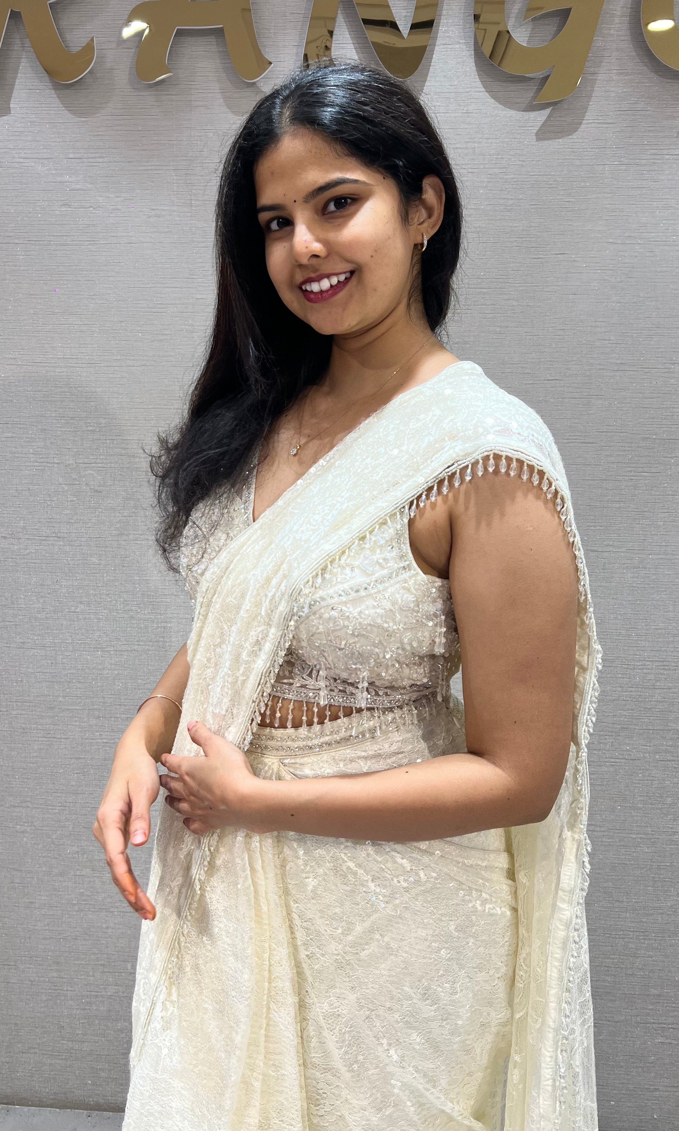Cream Lace Tissue net Drape Saree with Blouse