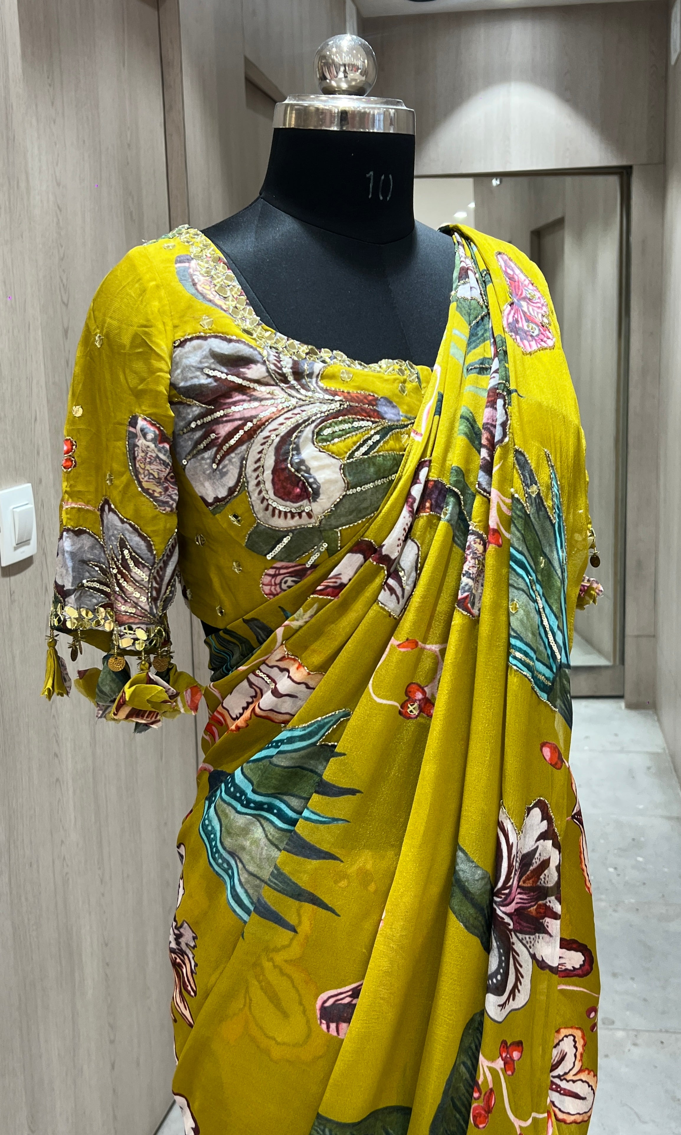 green floral saree with ready blouse