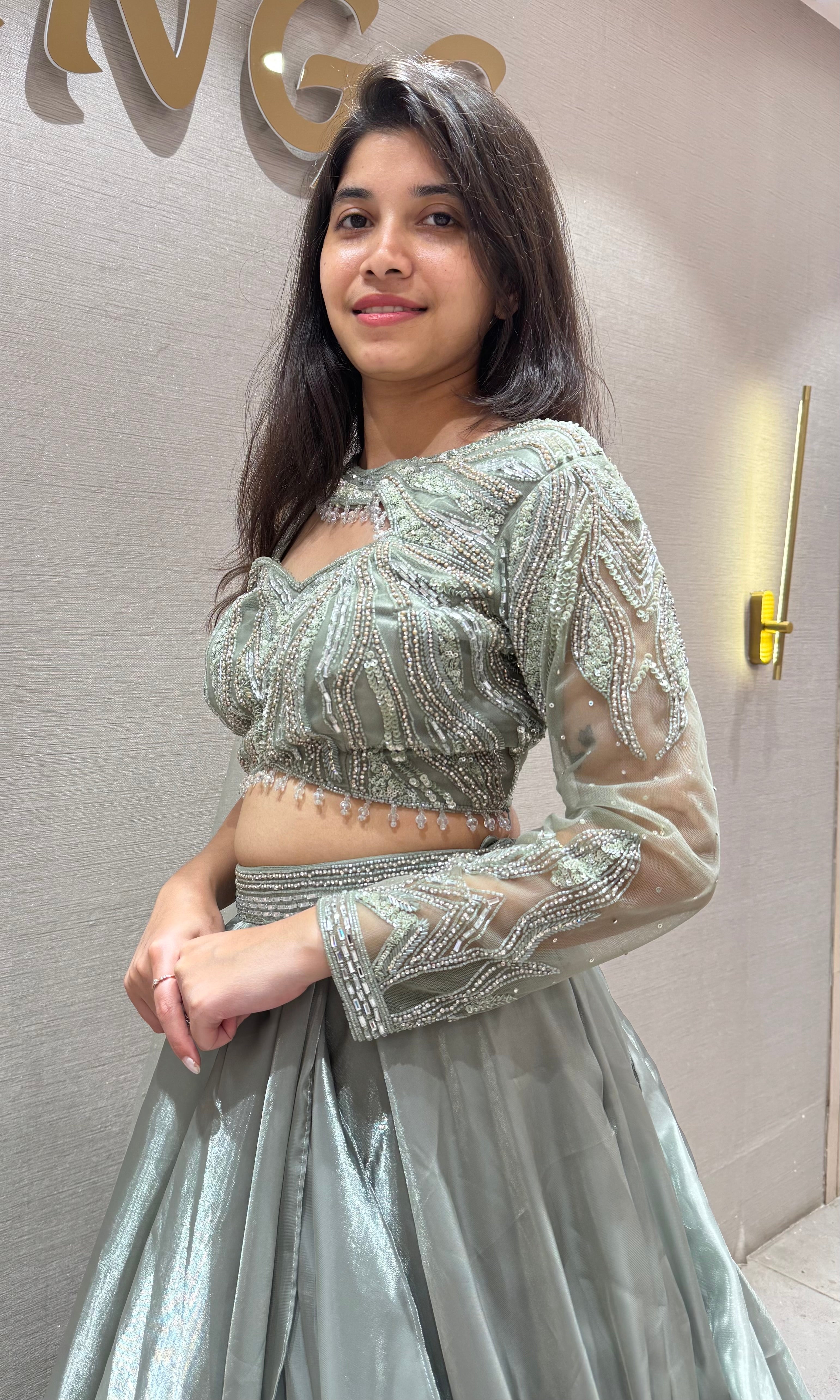 Pista green Organza Embroidered Lehenga Set