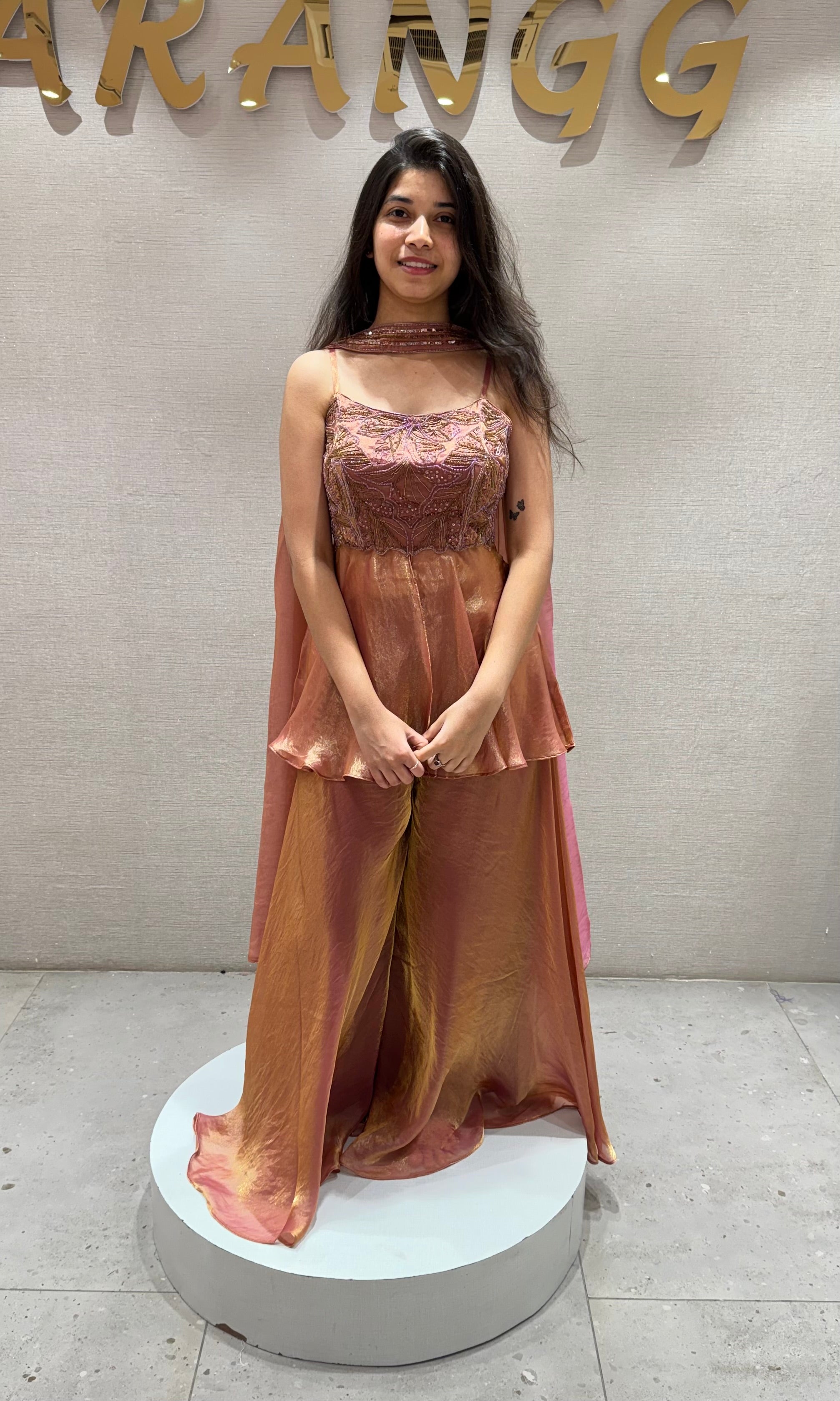 Rust EMBROIDERED PEPLUM PALAZZO SET