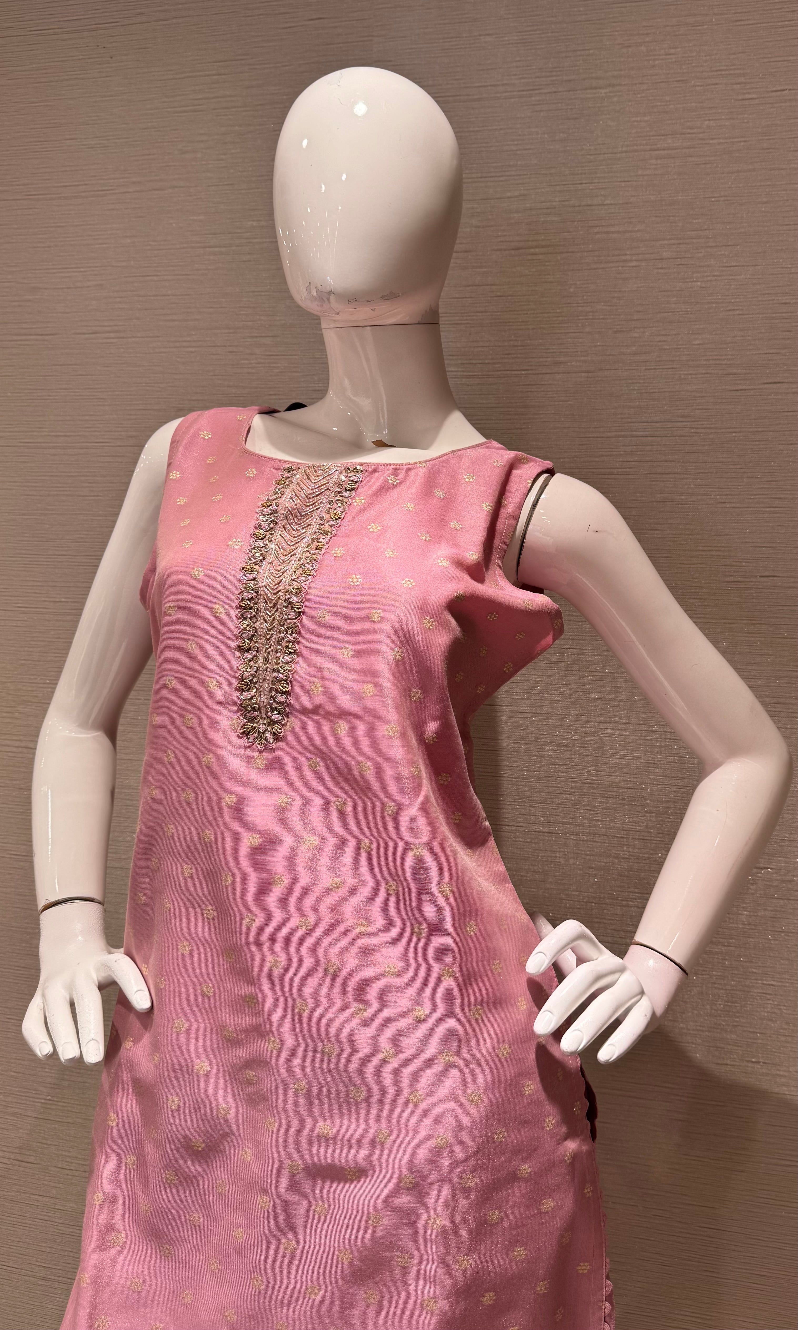 pink kurta set with gold embroidery with sheer dupatta