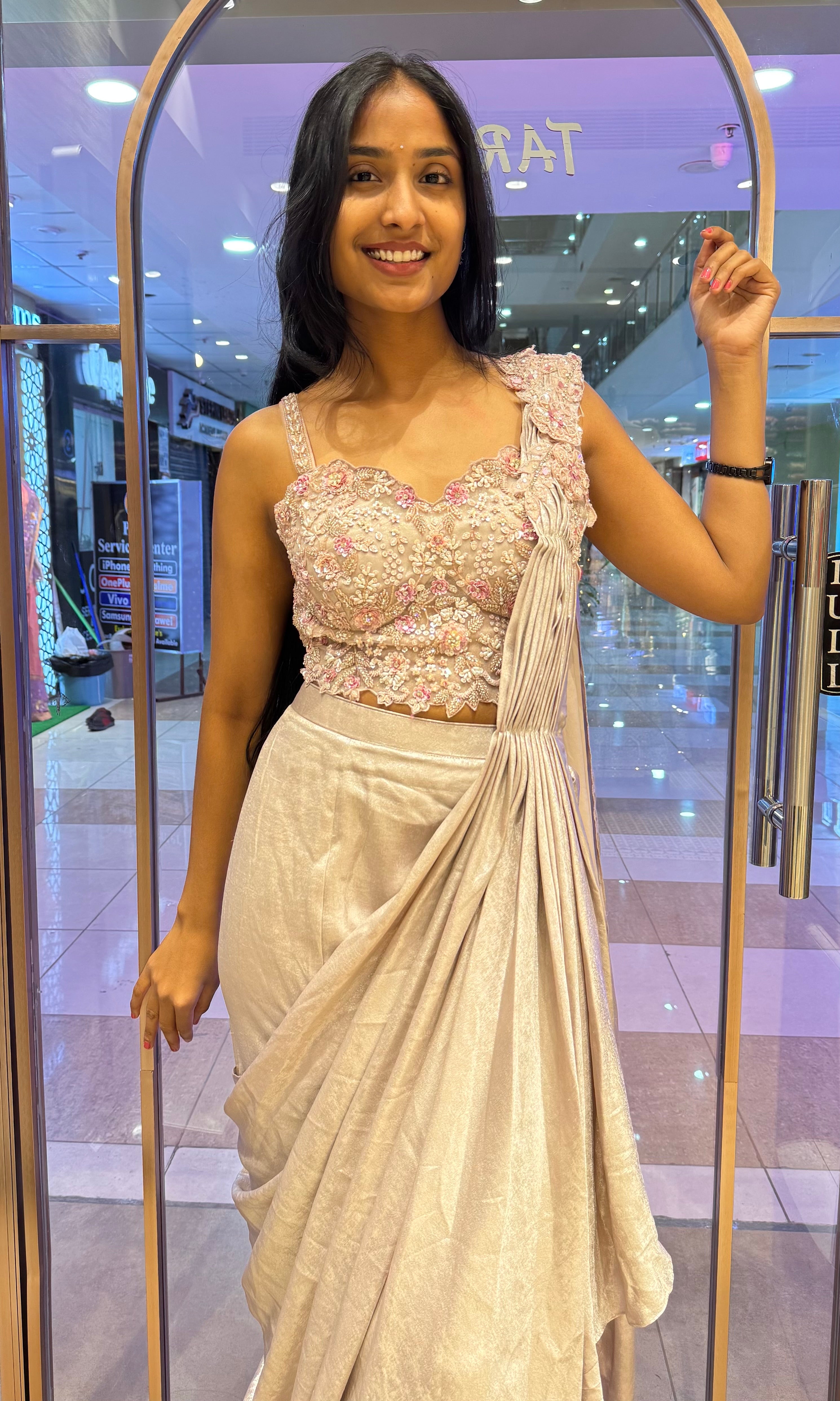 PINK AND BEAGH EMBELLISHED DRAPE SAREE