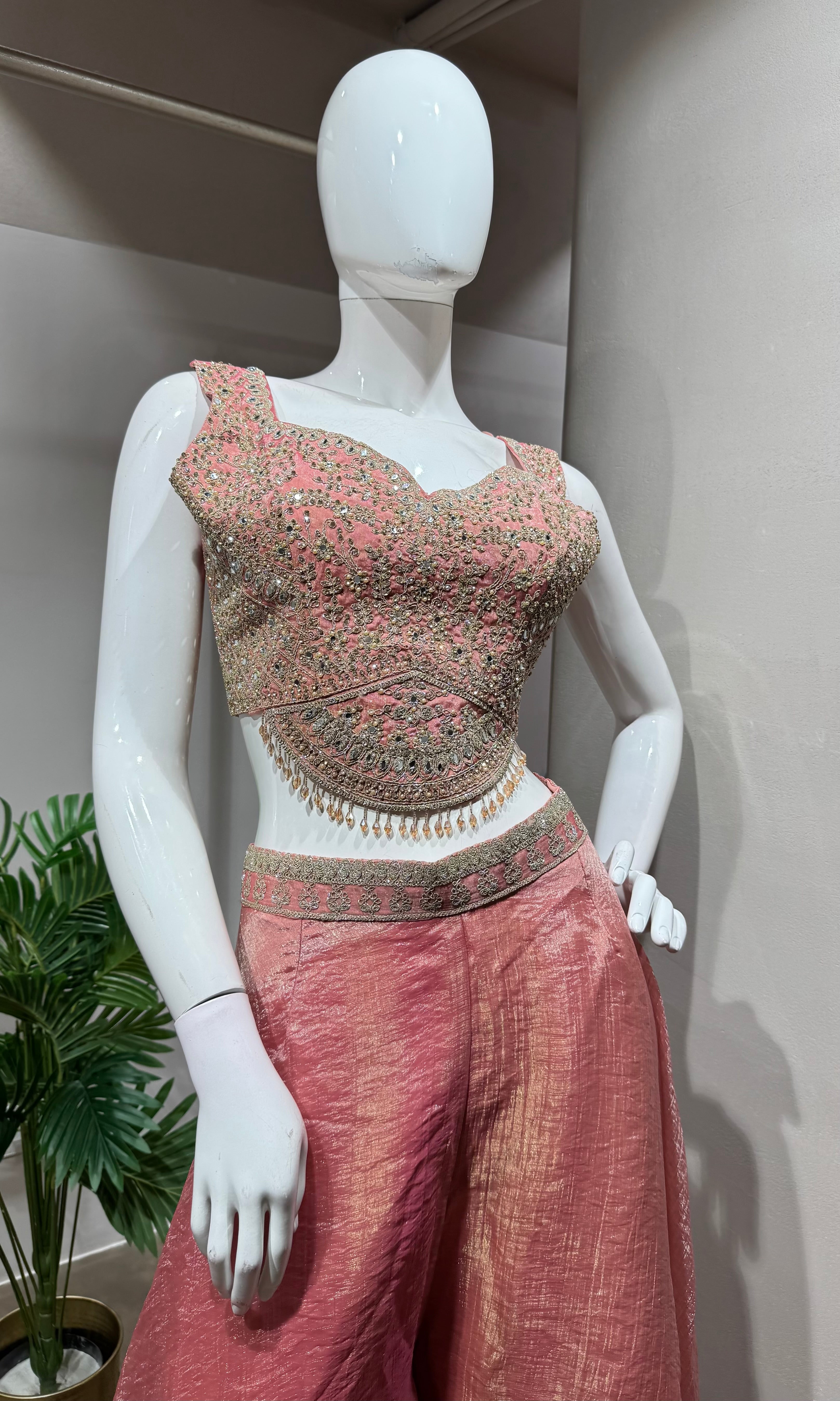 Rose Pink Jacquard Jacket Palazzo Set