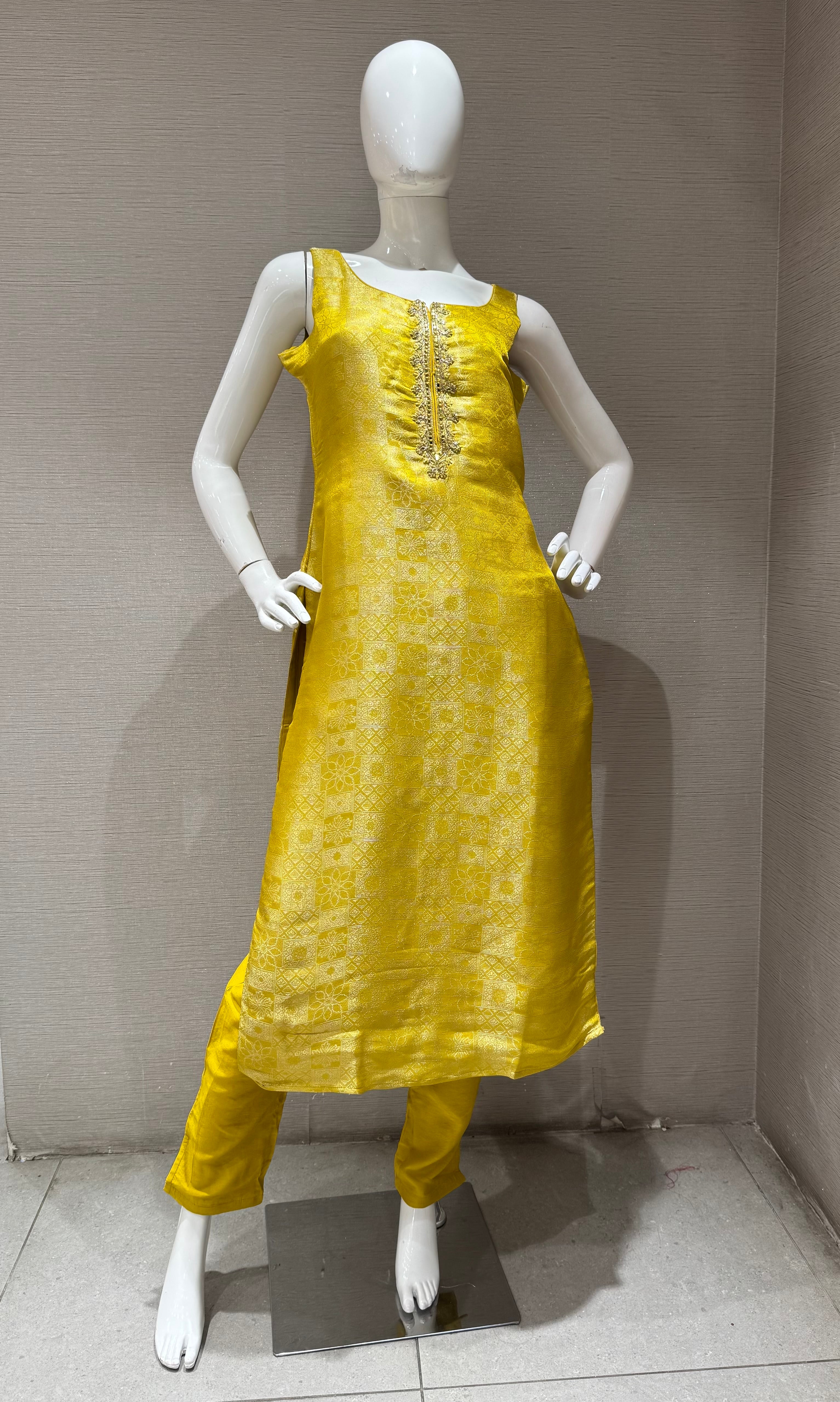 Yellow silk jaquard Kurta set