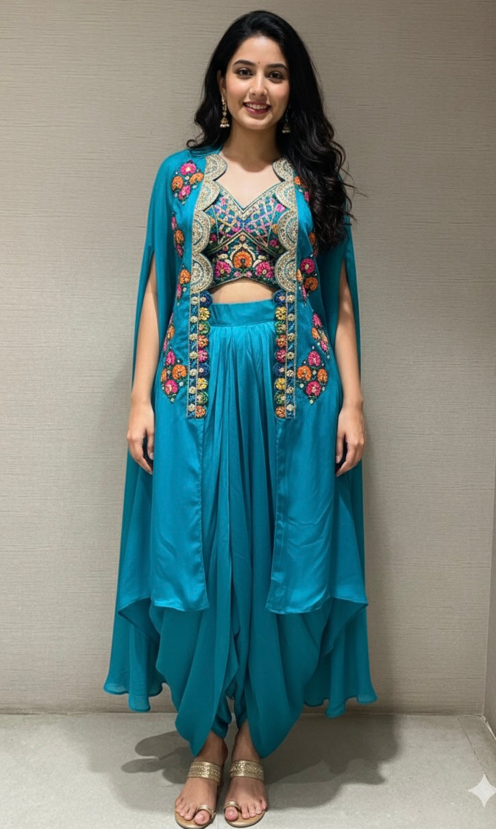 Rama blue SKIRT WITH FLORAL BLOUSE AND CAPE