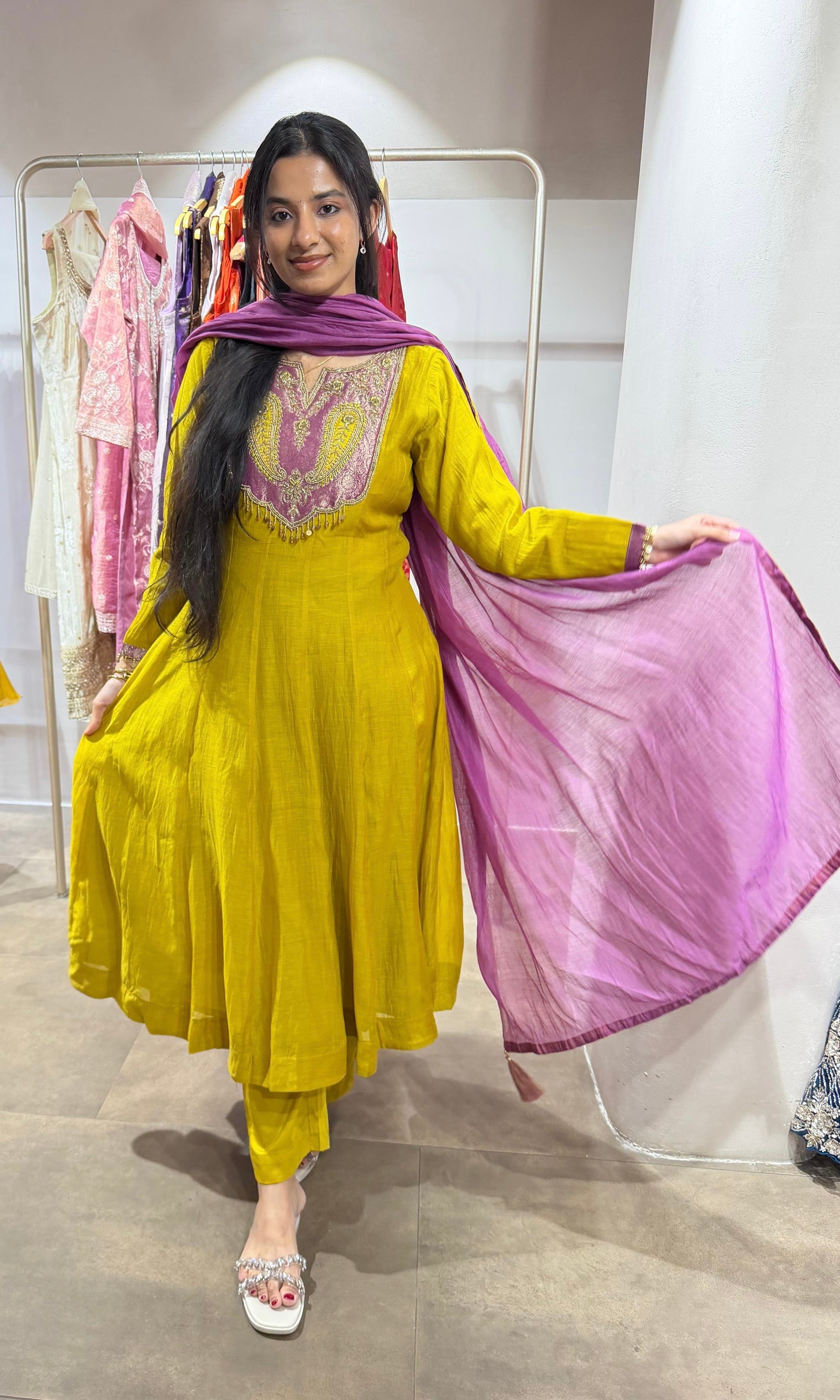 Mustard Anarkali Set with Magenta Dupatta