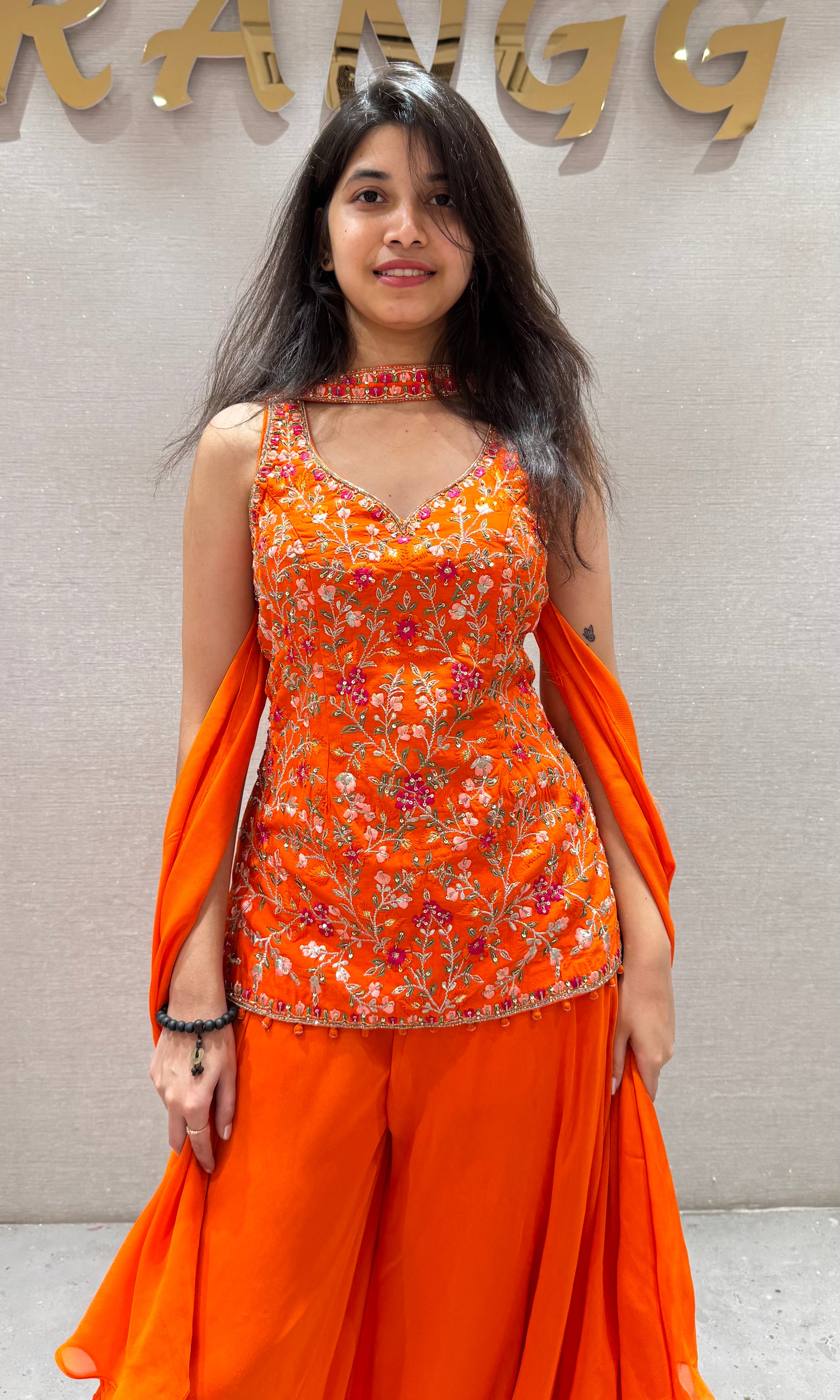 ORANGE Floral Printed Kurta Plazzo Set