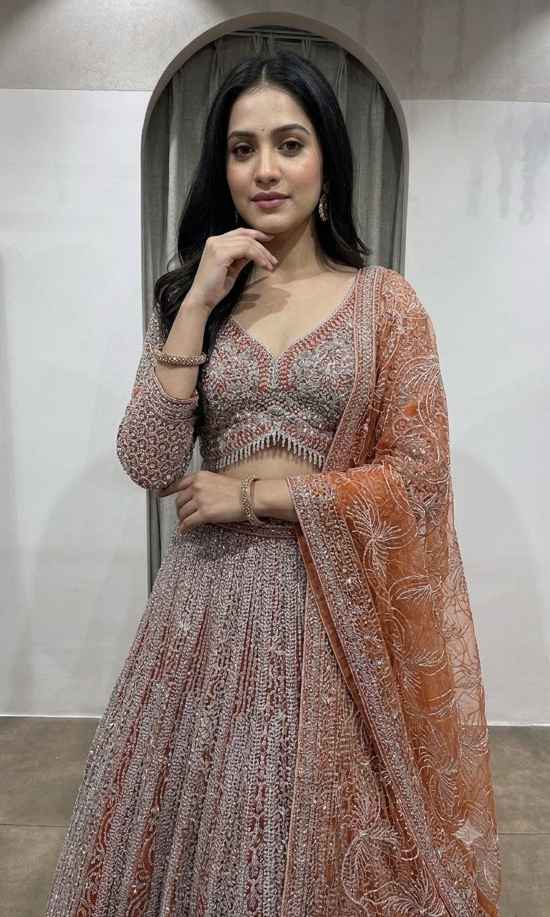 Rust and grey heavy bridal lehenga