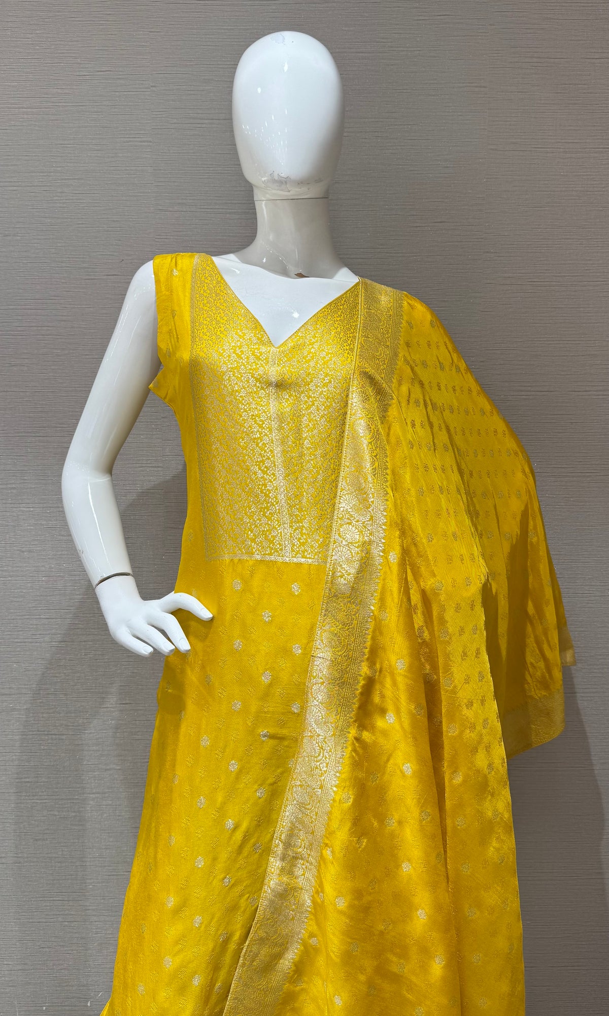 Yellow Banarasi silk Kurta set with Golden Border dupatta