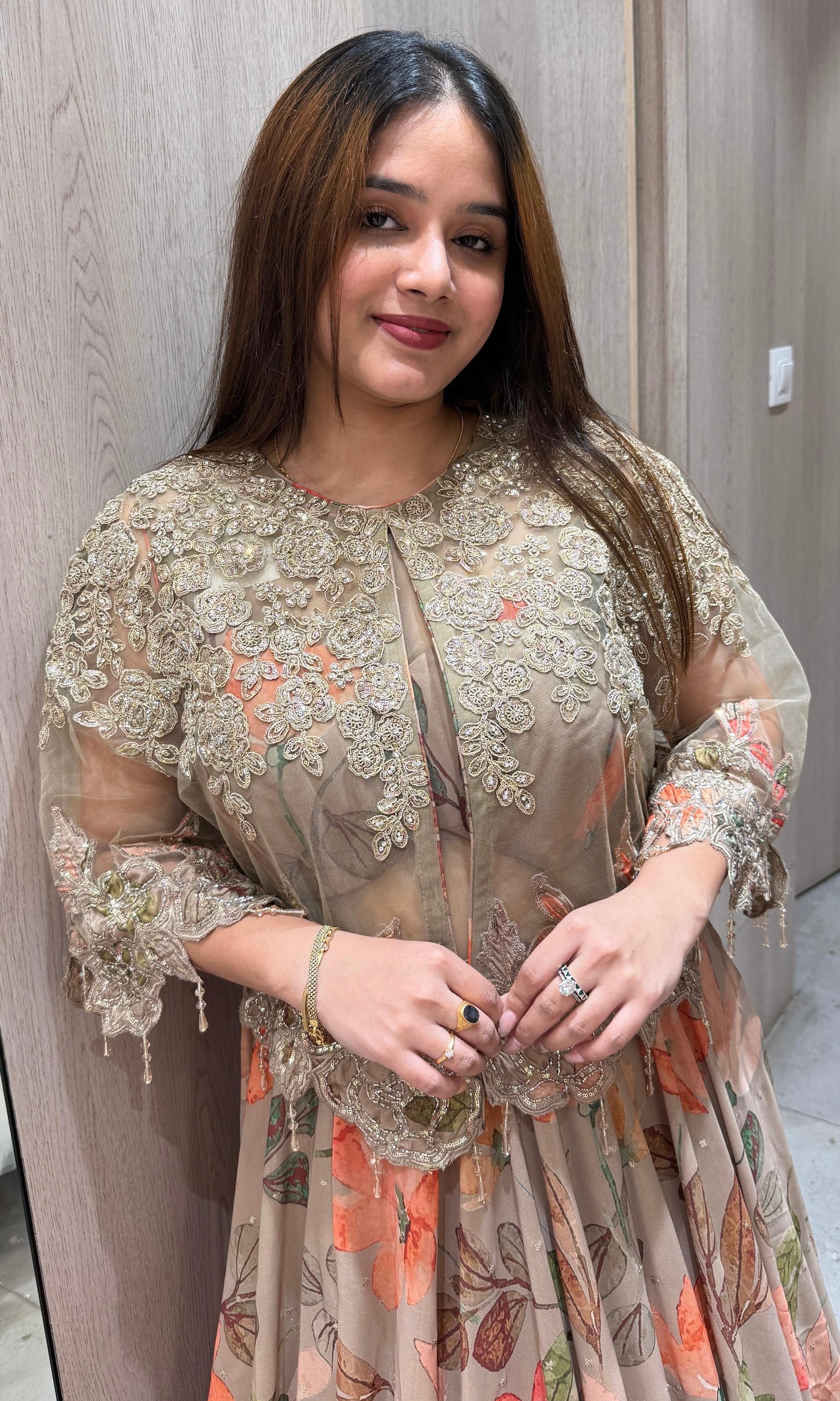 Brown floral with over coat Lehenga