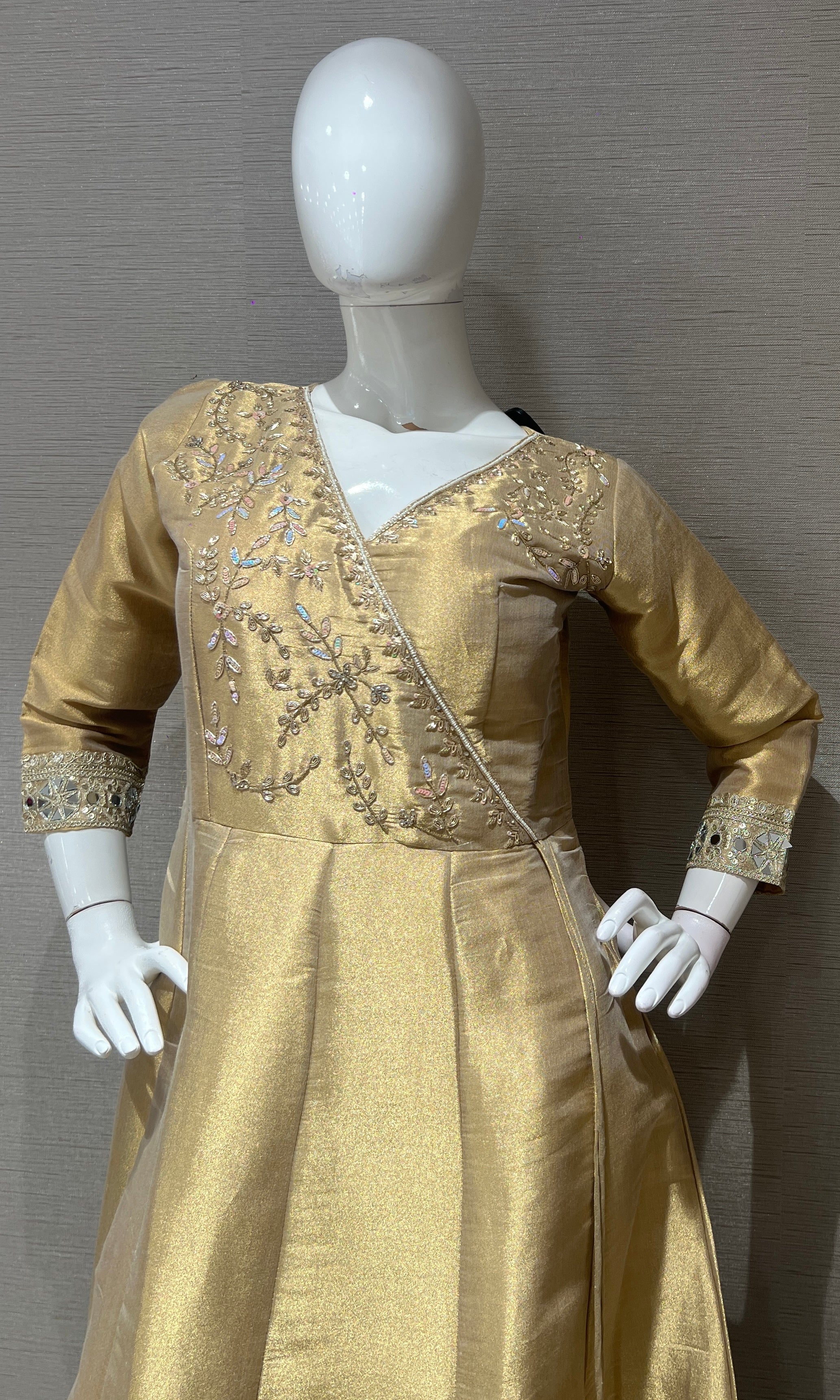 Gold Embroidered Silk Anarkali Gown with Matching Dupatta