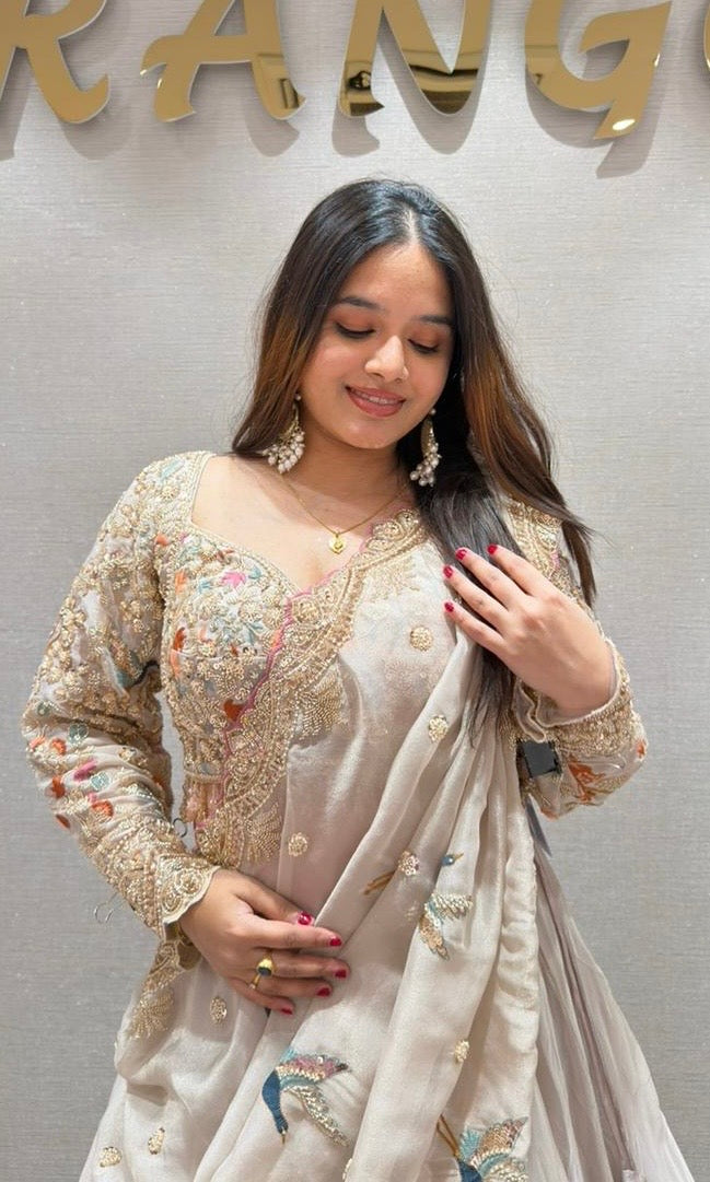 Cream Lehenga WITH MOTI WORK EMBROIDERED