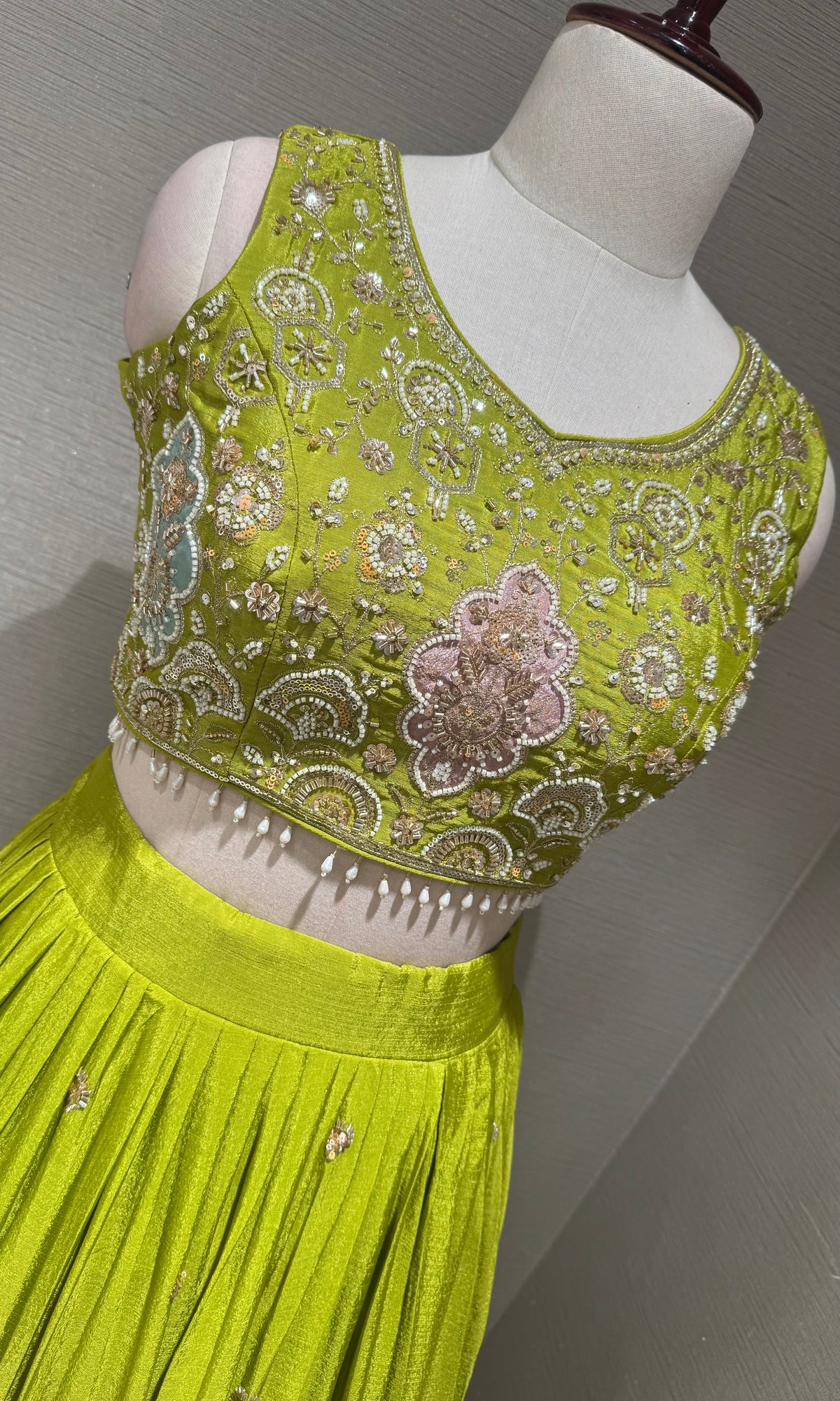 Lime Green Tissue silk Lehenga with Multi Floral border