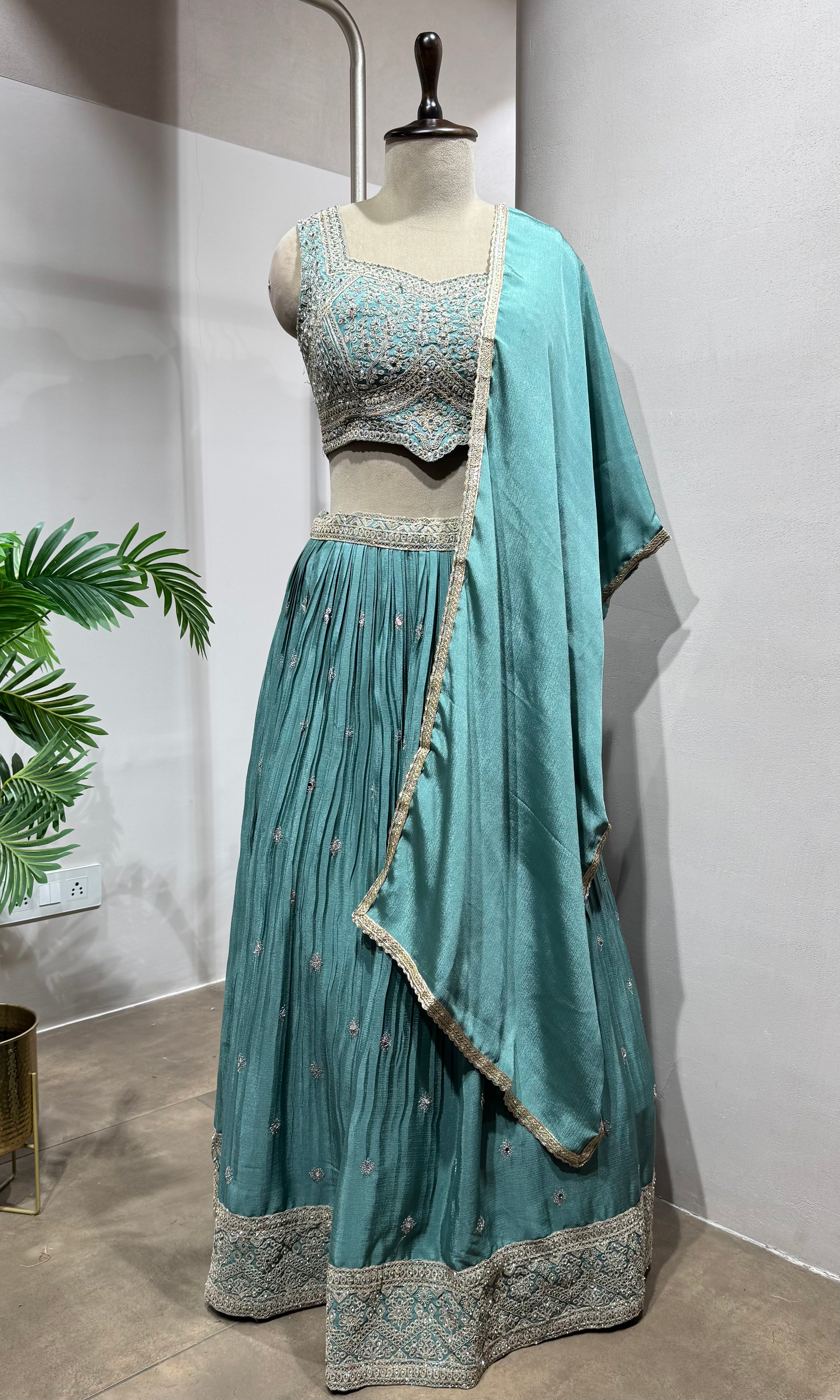 Light Green Embroidered Crop Top Lehenga
