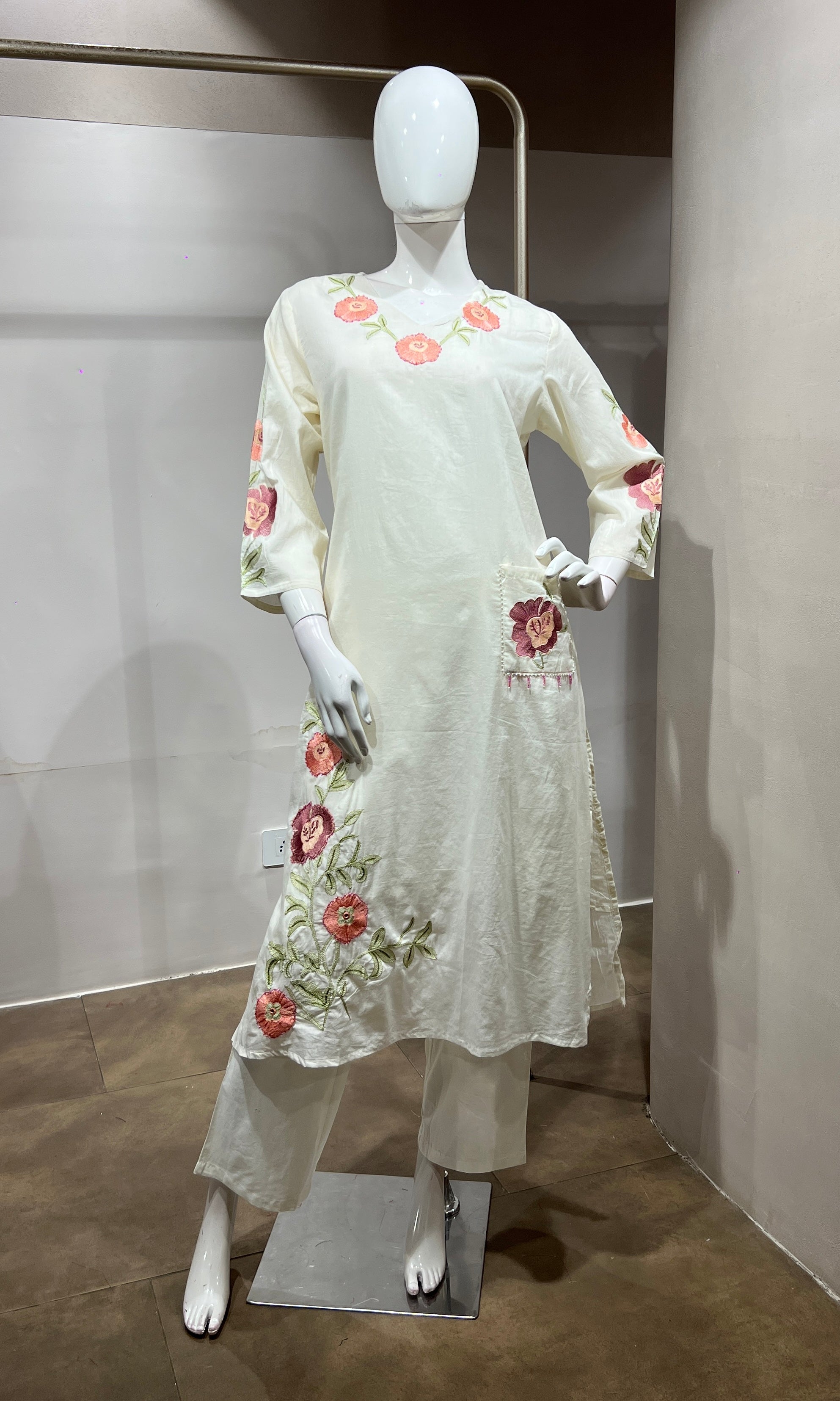 White Silk Kurta set with Rose Embroidery