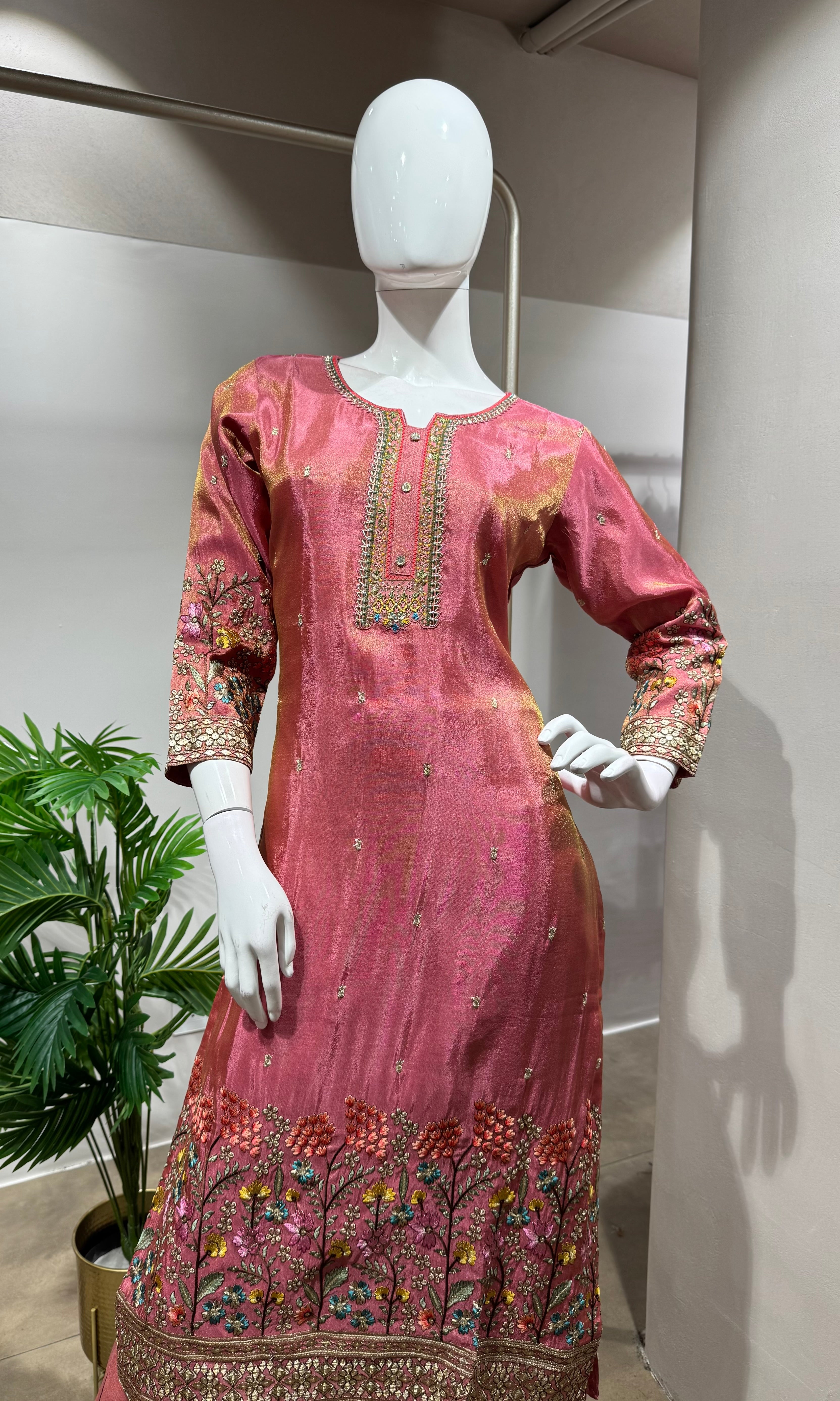 Pink Silk Straight Cut Suit with Zari Detailing