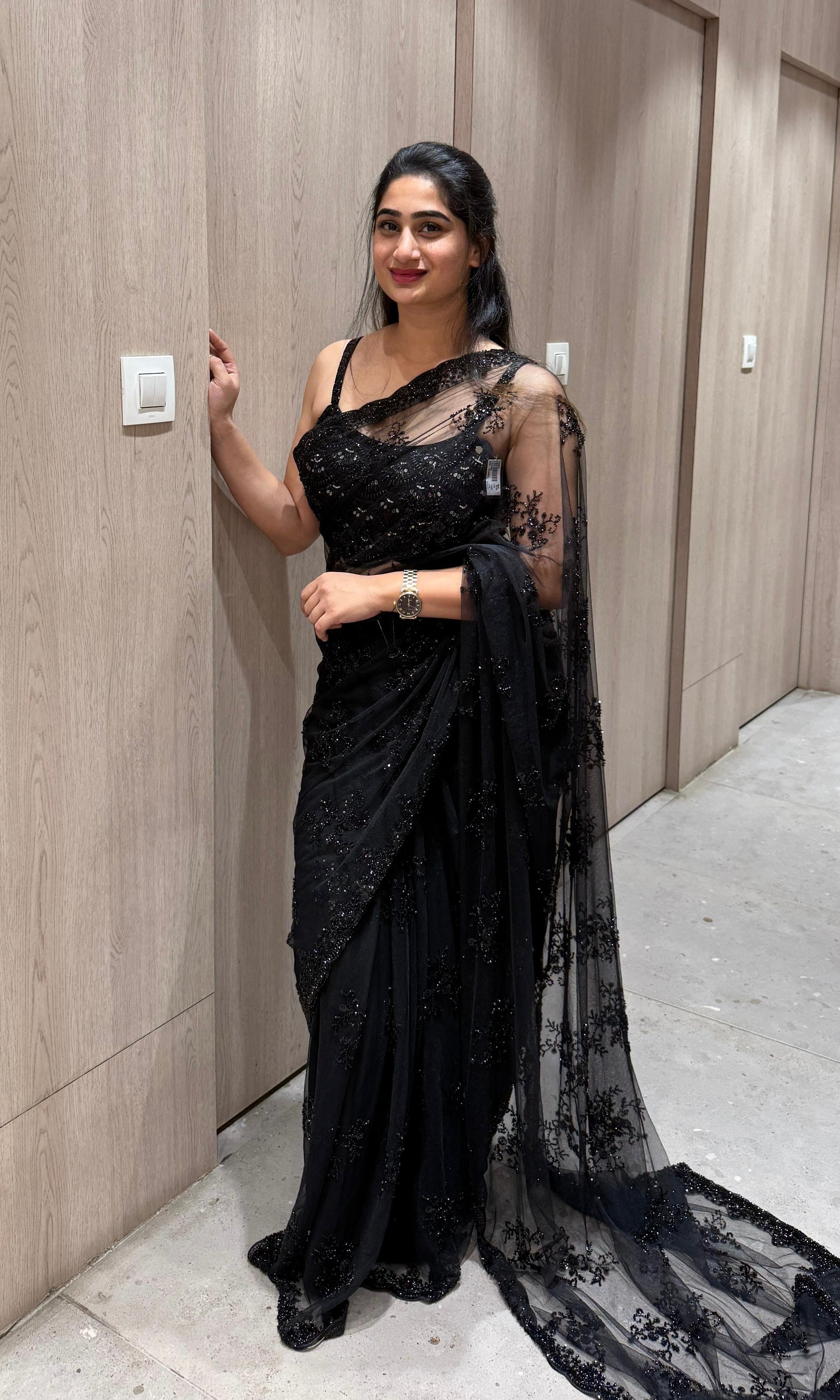 BLACK Embellished Saree WITH READY BLOUSE
