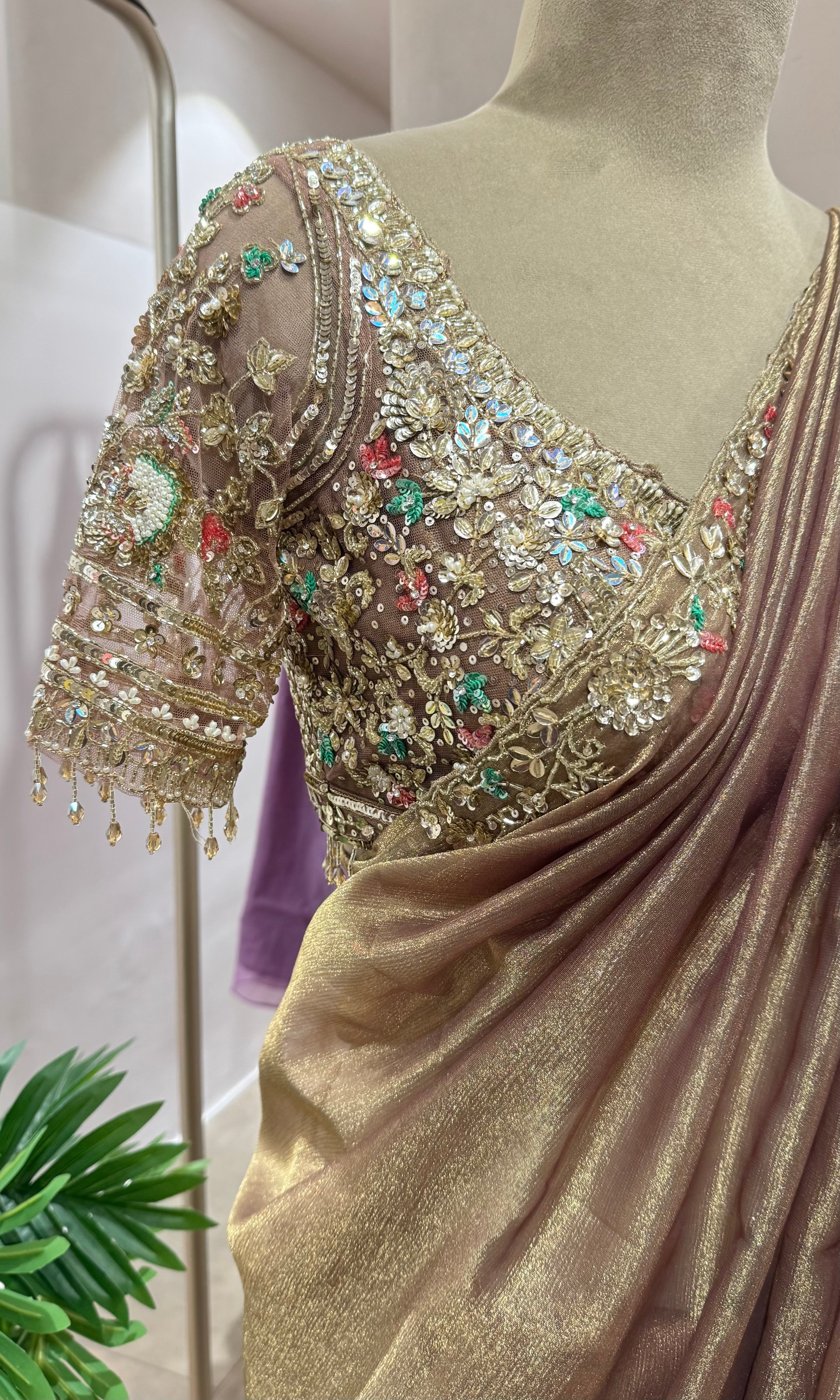 BLUSH PINK BANARASI TISSUE SAREE WITH BLOUSE