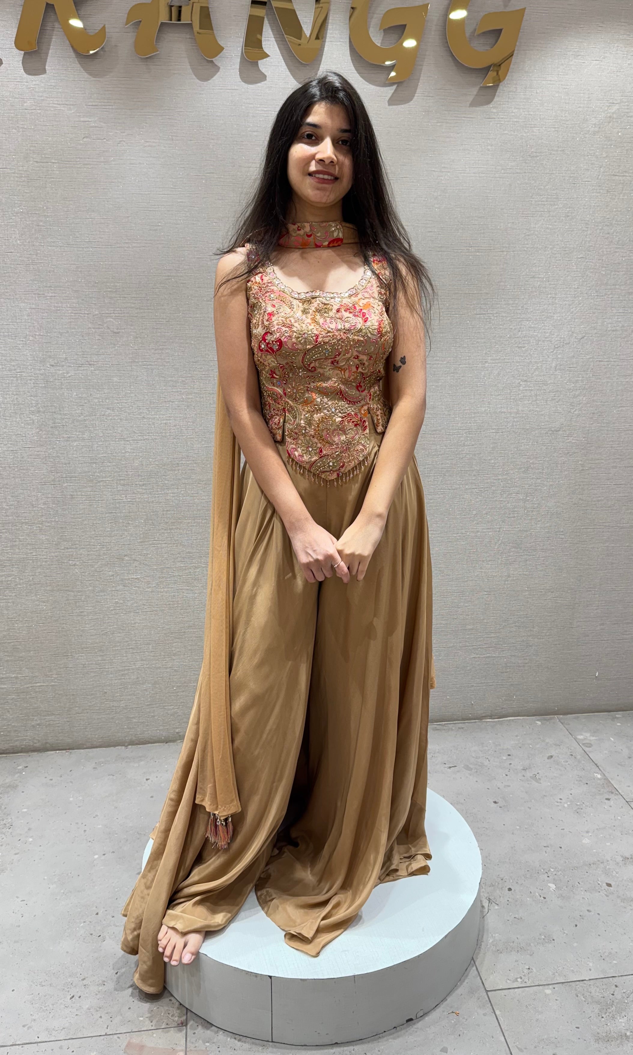 Brown EMBROIDERED PEPLUM PALAZZO SET