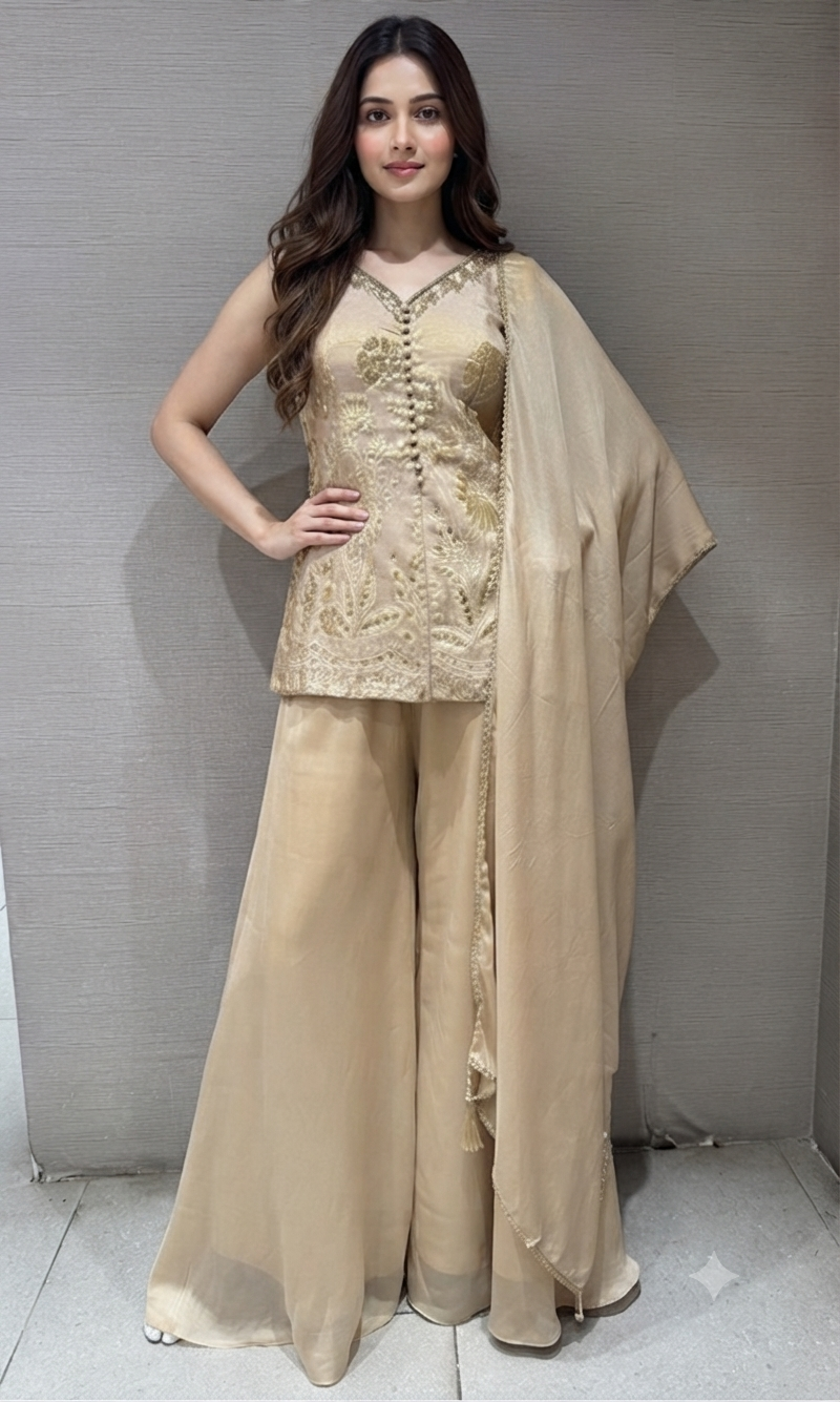 BEIGE Gold Shimmer Tissue palazzo Set