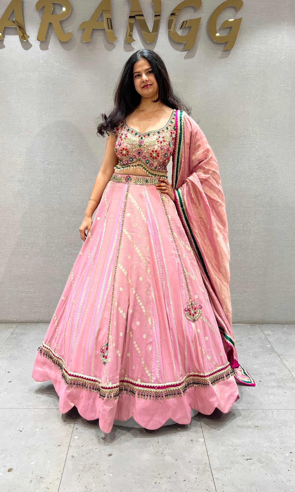Pastel Pink Flared Lehenga Set with Heavily Embellished Blouse & dupatta