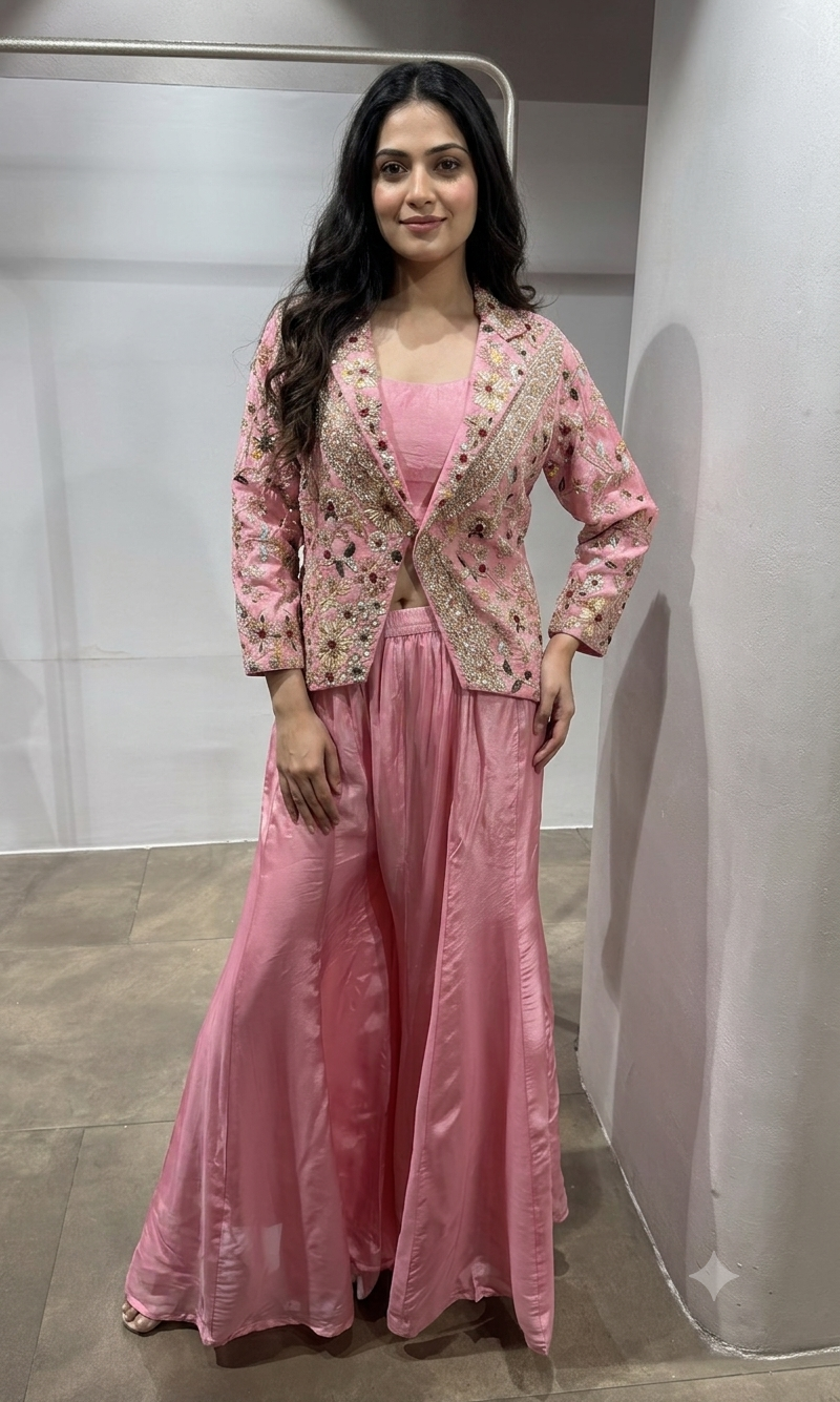 Pink Floral Embroidered Jacket palazzo Suit