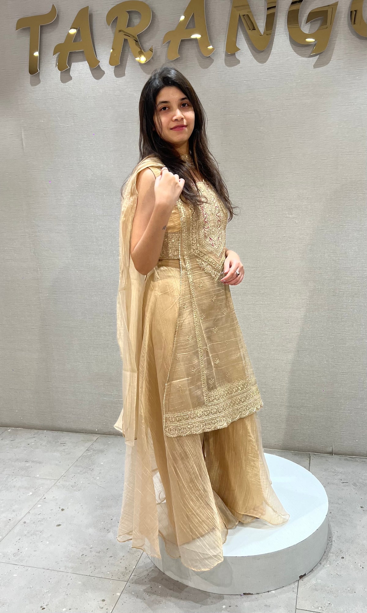 Beige tissue Embroidered Palazzo Set with Net Dupatta